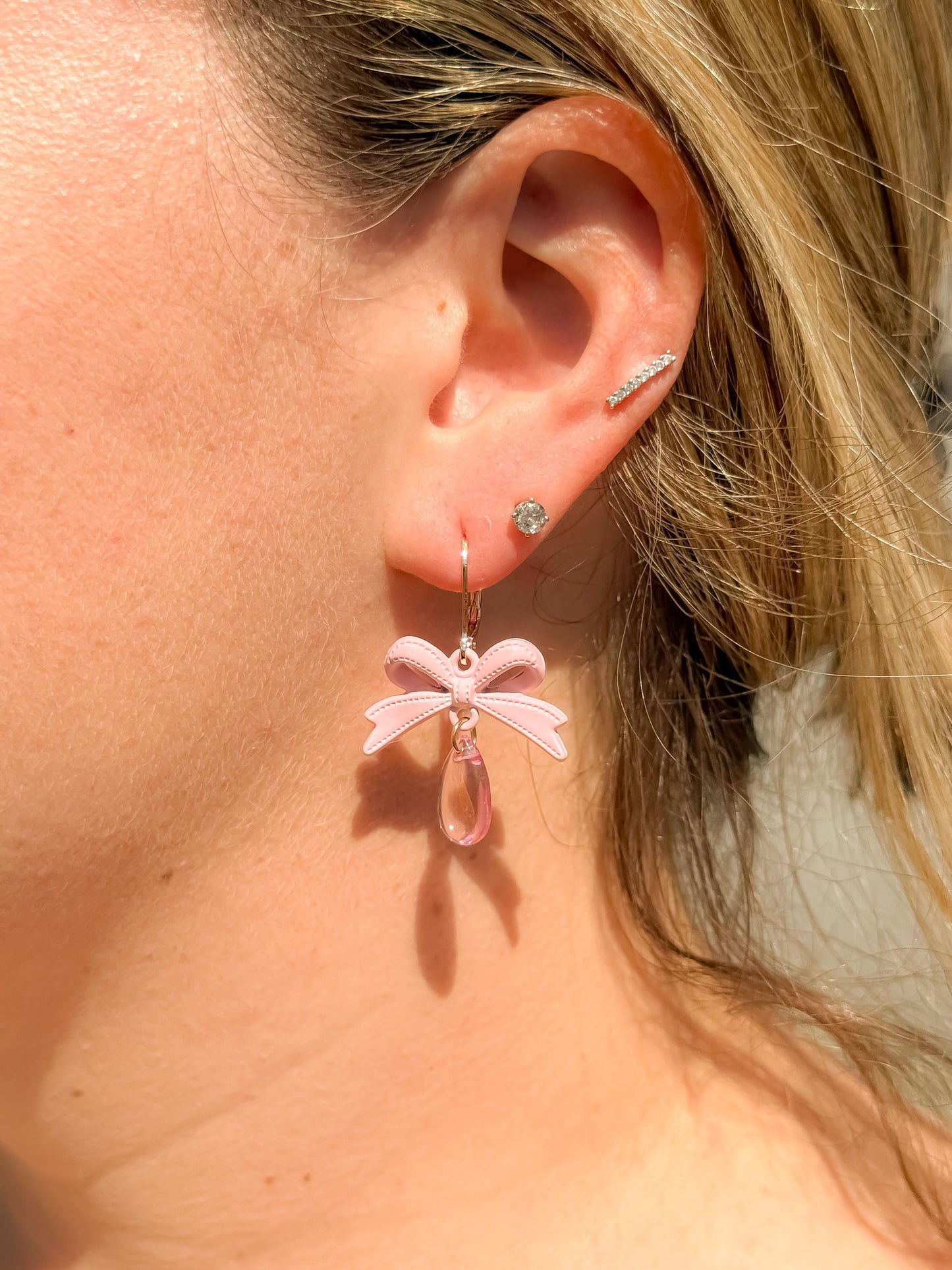 Handmade Pink Bow Dangle Earrings: Kawaii Teardrop Jewelry