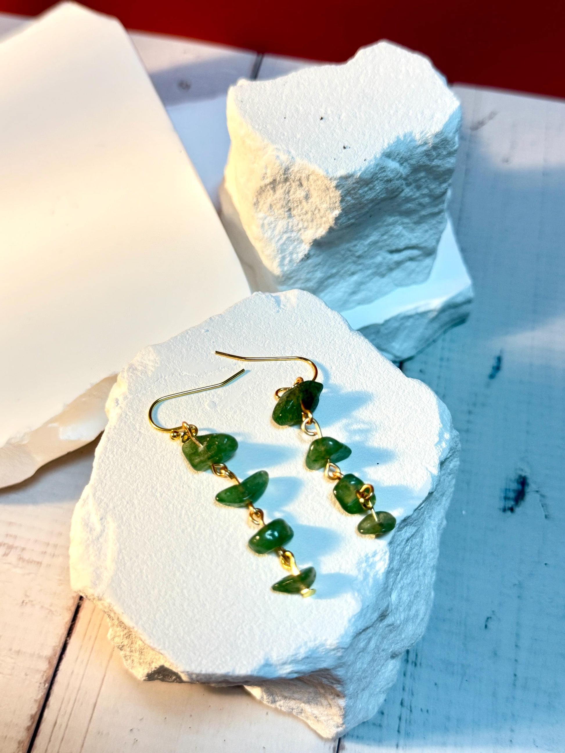 Green Stone Chip Dangle Earrings – Handmade Real Gemstone Jewelry