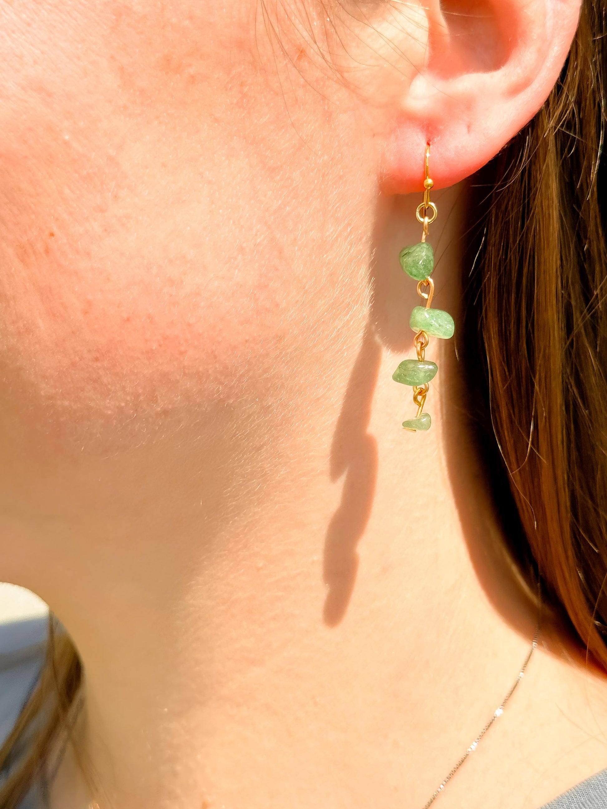 Green Stone Chip Dangle Earrings – Handmade Real Gemstone Jewelry