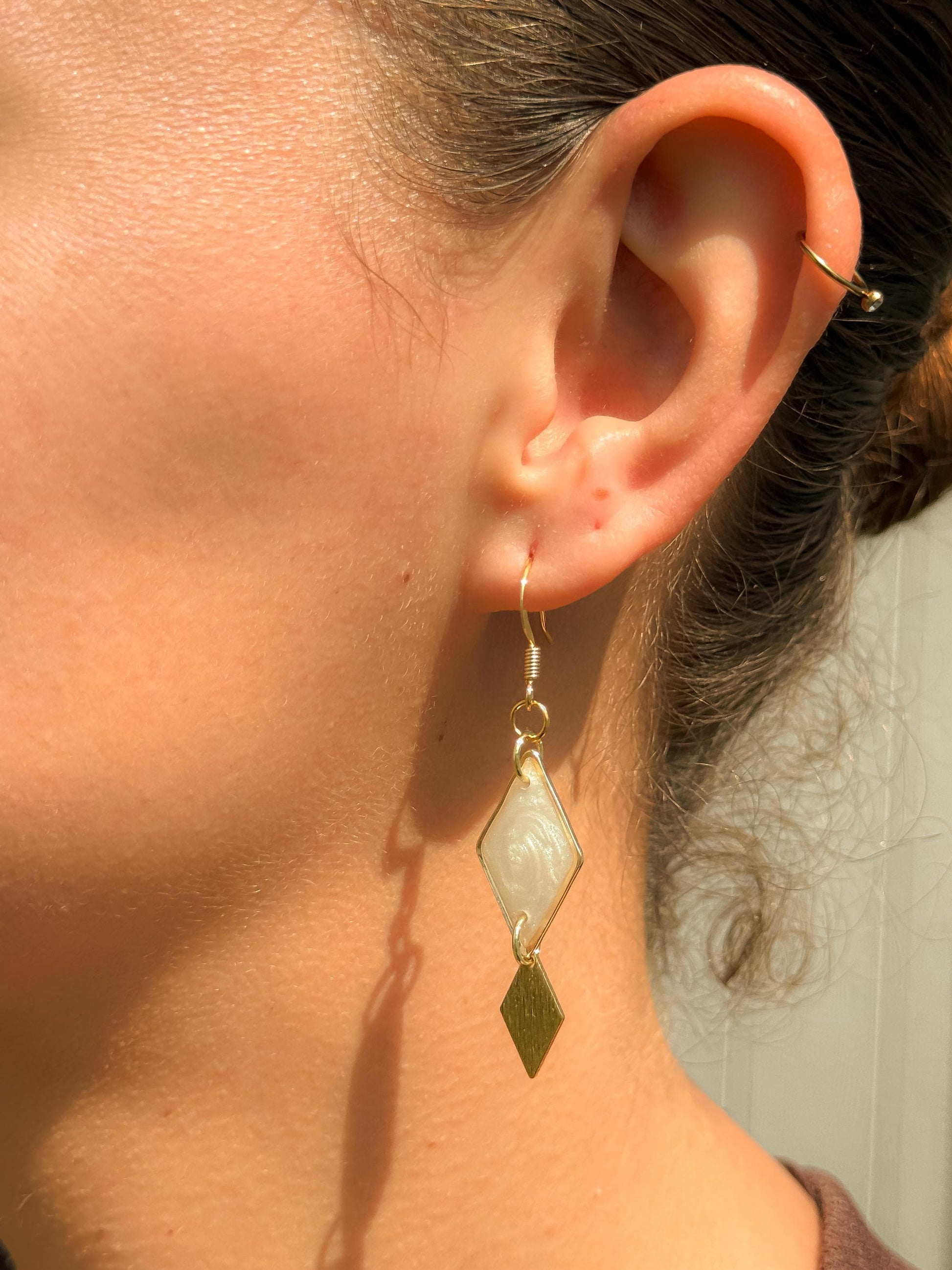 Gold Geometric Earrings: Pearlescent White Resin Diamond Dangle