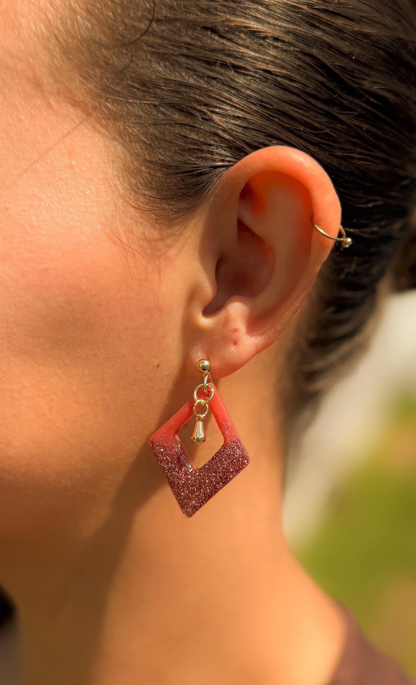 Red-Orange Glitter Resin Earrings: Gold Diamond Dangle Earrings