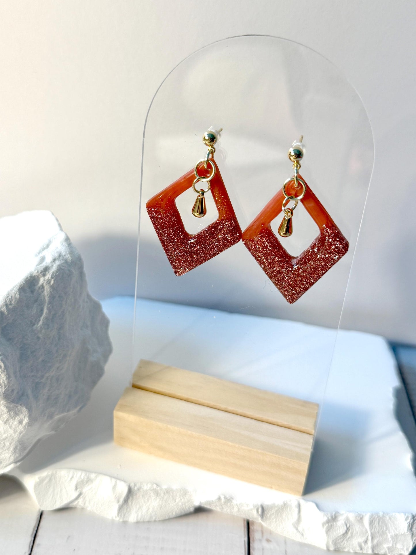 Red-Orange Glitter Resin Earrings: Gold Diamond Dangle Earrings