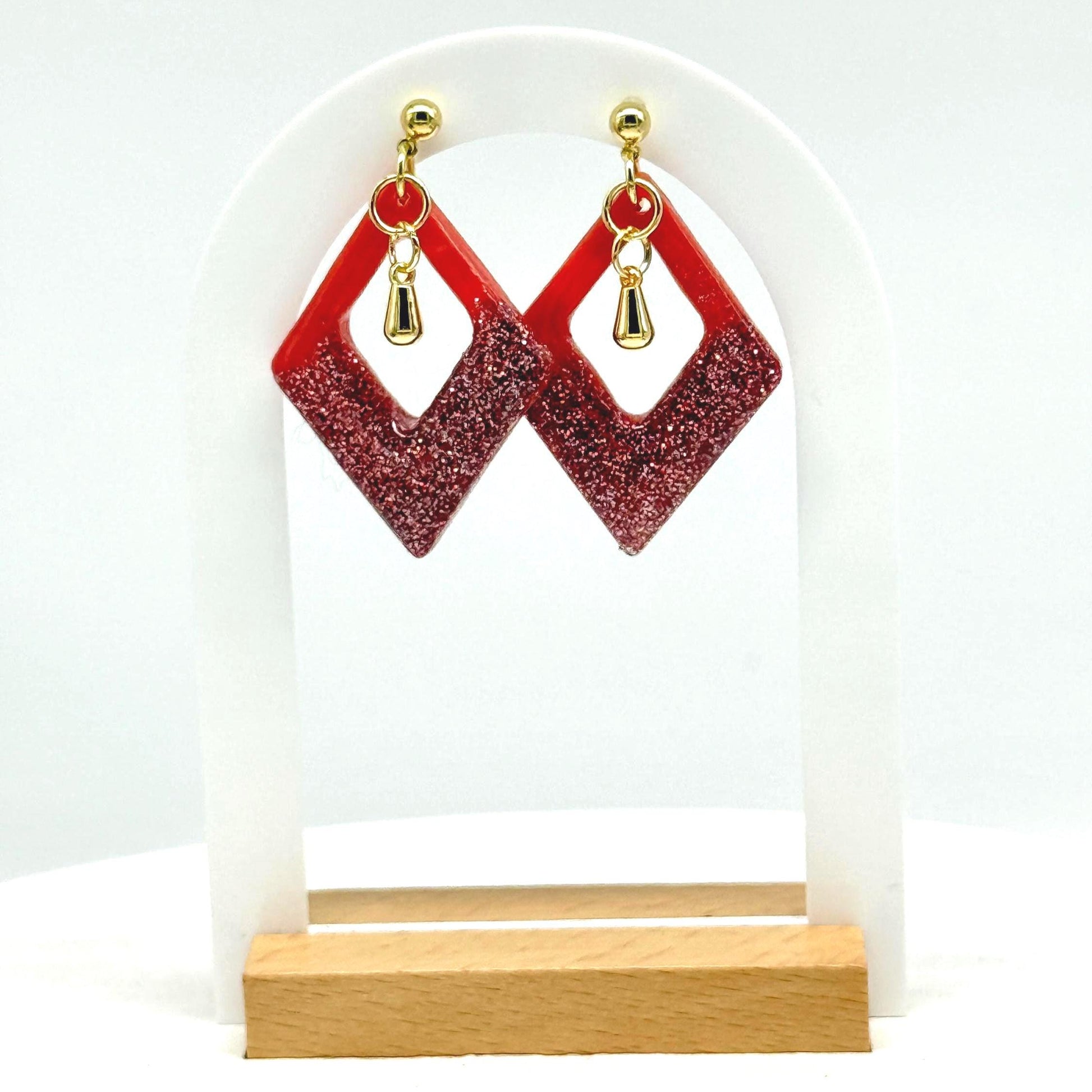 Red-Orange Glitter Resin Earrings: Gold Diamond Dangle Earrings