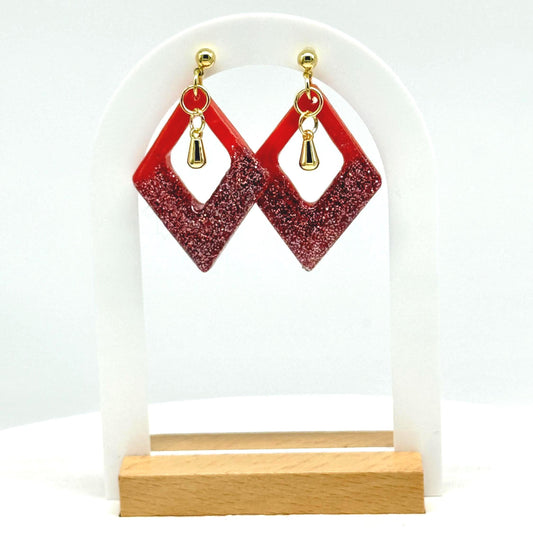 Red-Orange Glitter Resin Earrings: Gold Diamond Dangle Earrings