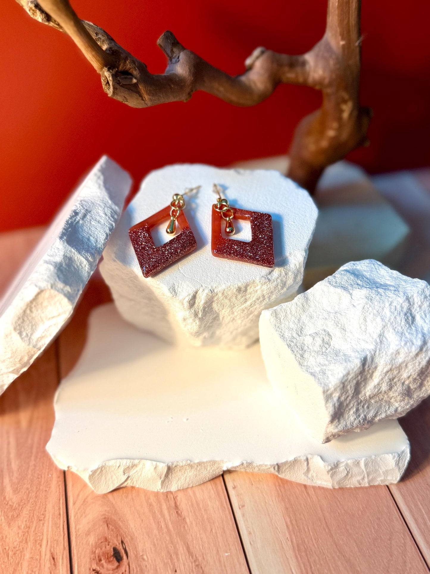 Red-Orange Glitter Resin Earrings: Gold Diamond Dangle Earrings