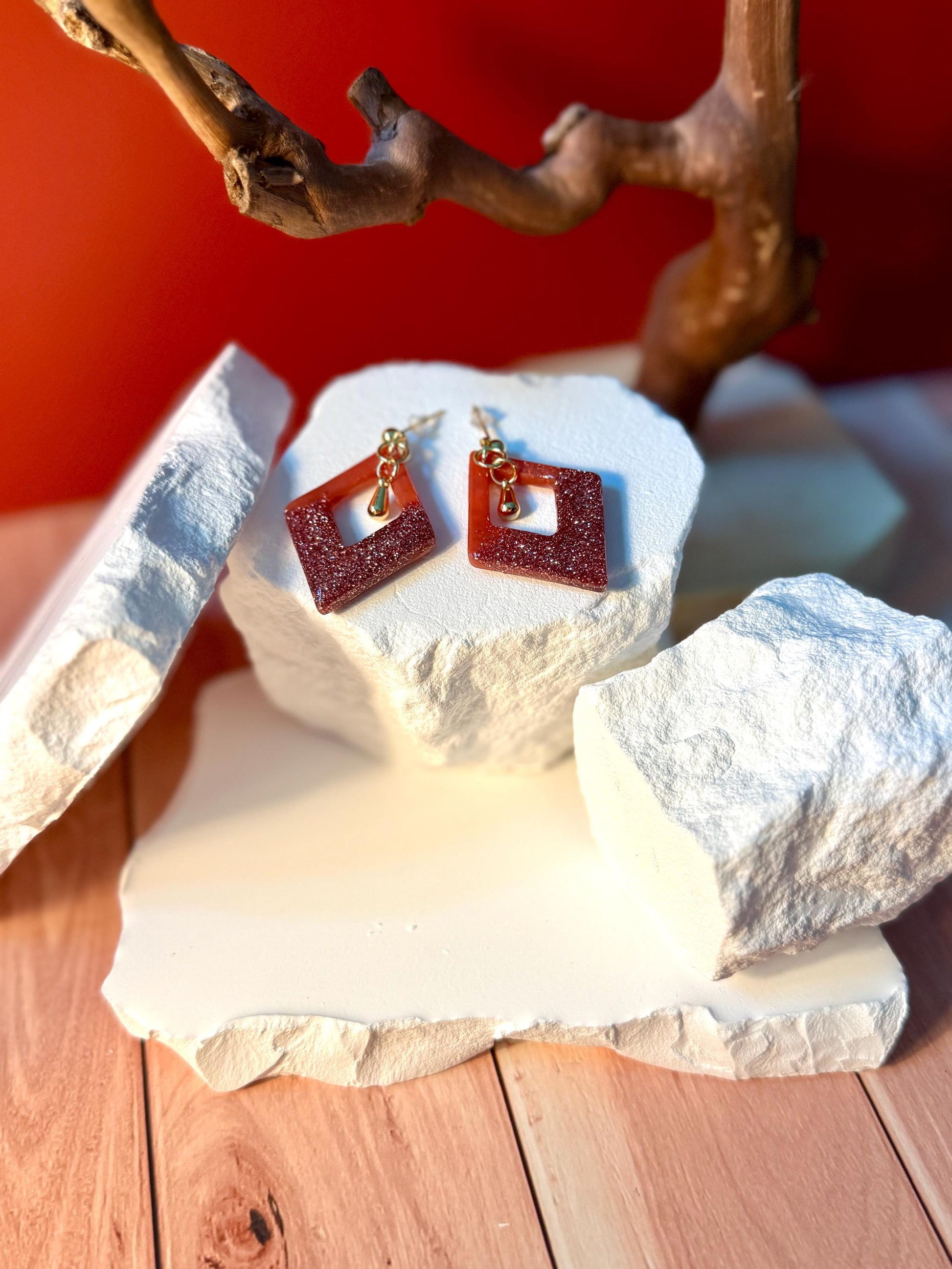 Red-Orange Glitter Resin Earrings: Gold Diamond Dangle Earrings