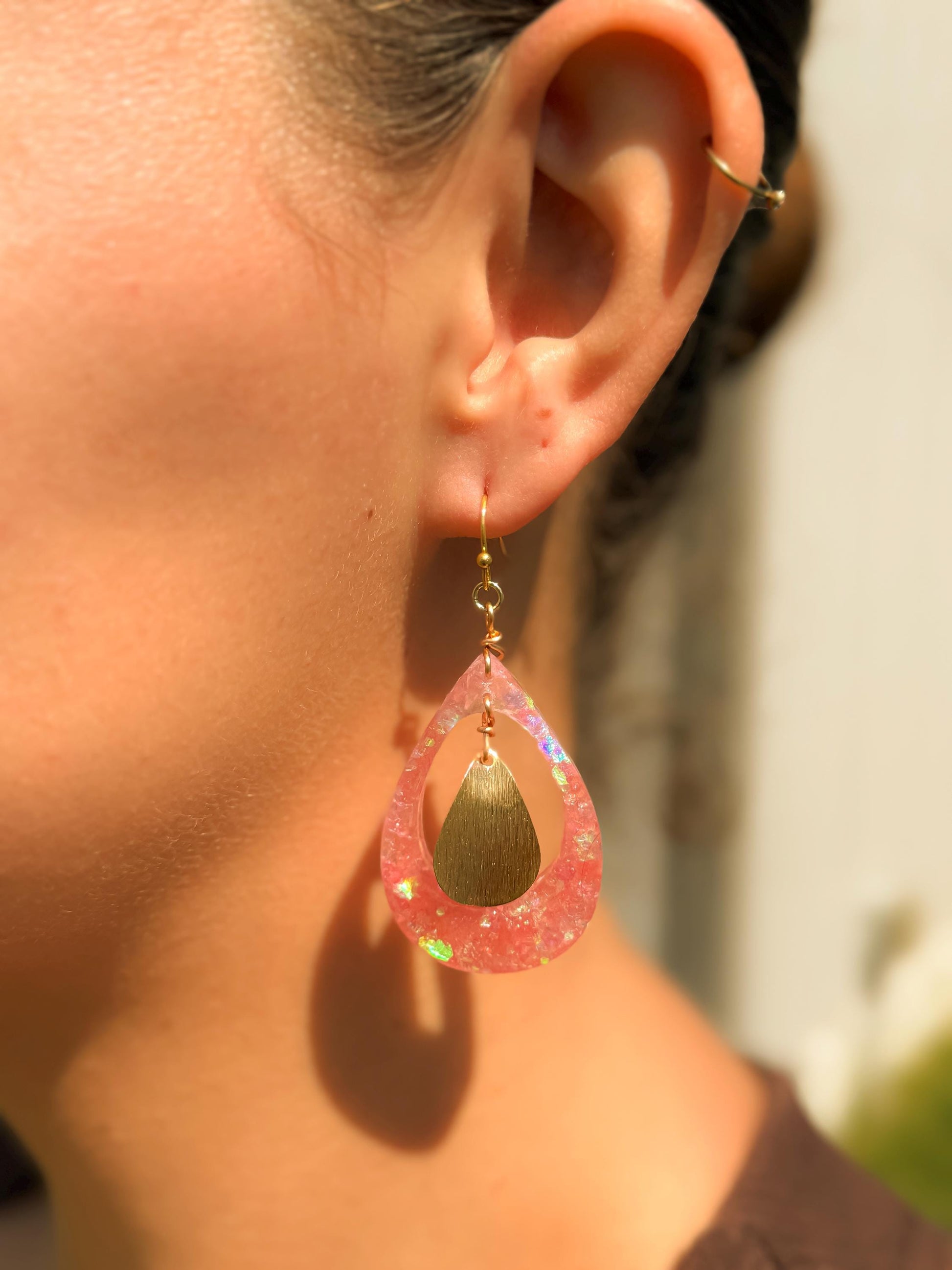 Pink Glitter Resin Earrings: Gold Teardrop Dangle, Handmade Jewelry