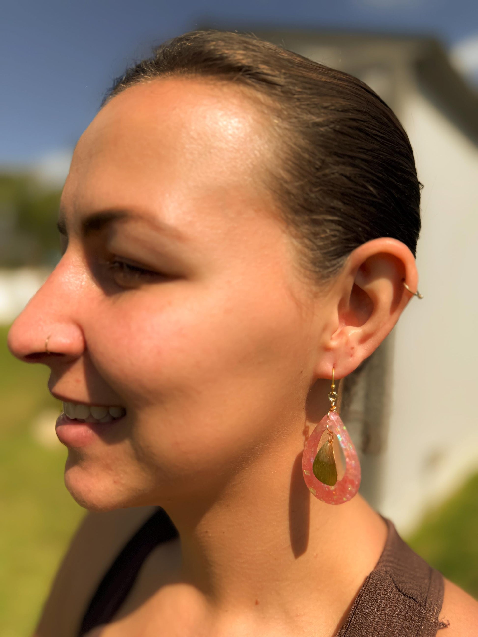 Pink Glitter Resin Earrings: Gold Teardrop Dangle, Handmade Jewelry