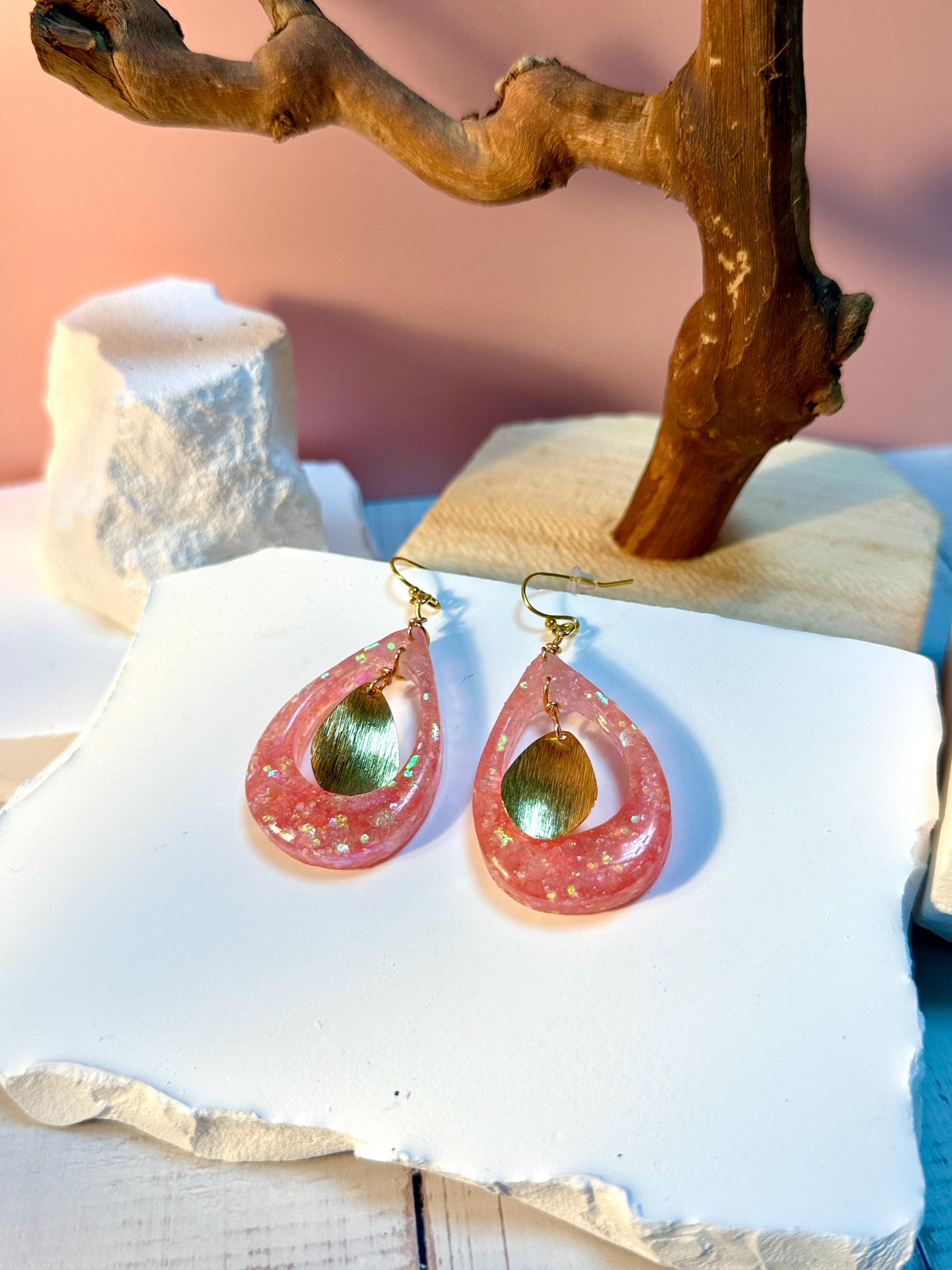 Pink Glitter Resin Earrings: Gold Teardrop Dangle, Handmade Jewelry