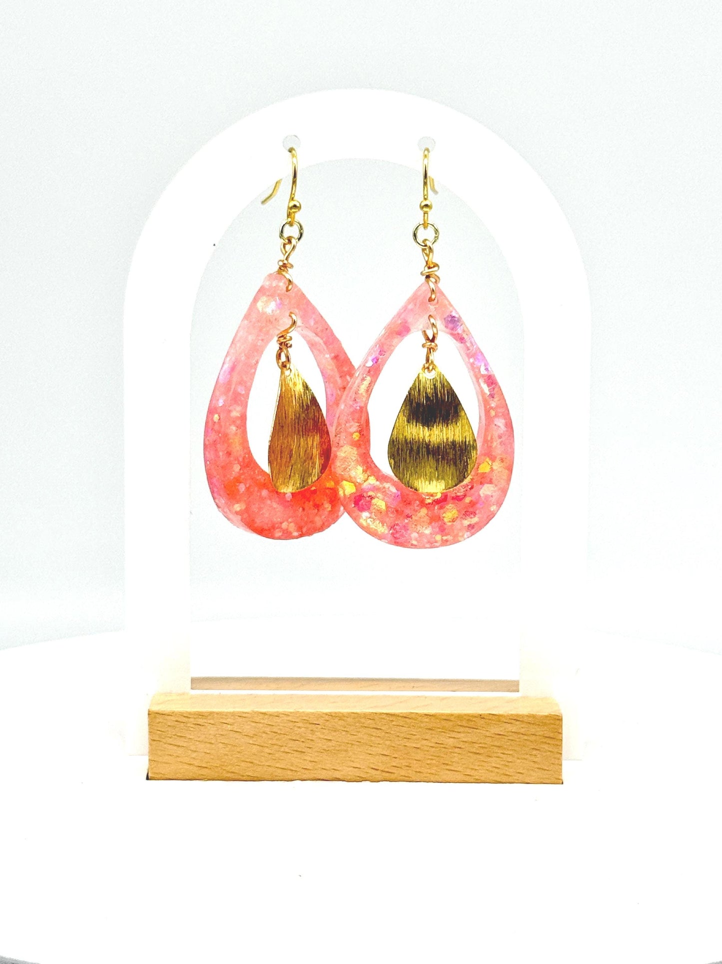 Pink Glitter Resin Earrings: Gold Teardrop Dangle, Handmade Jewelry