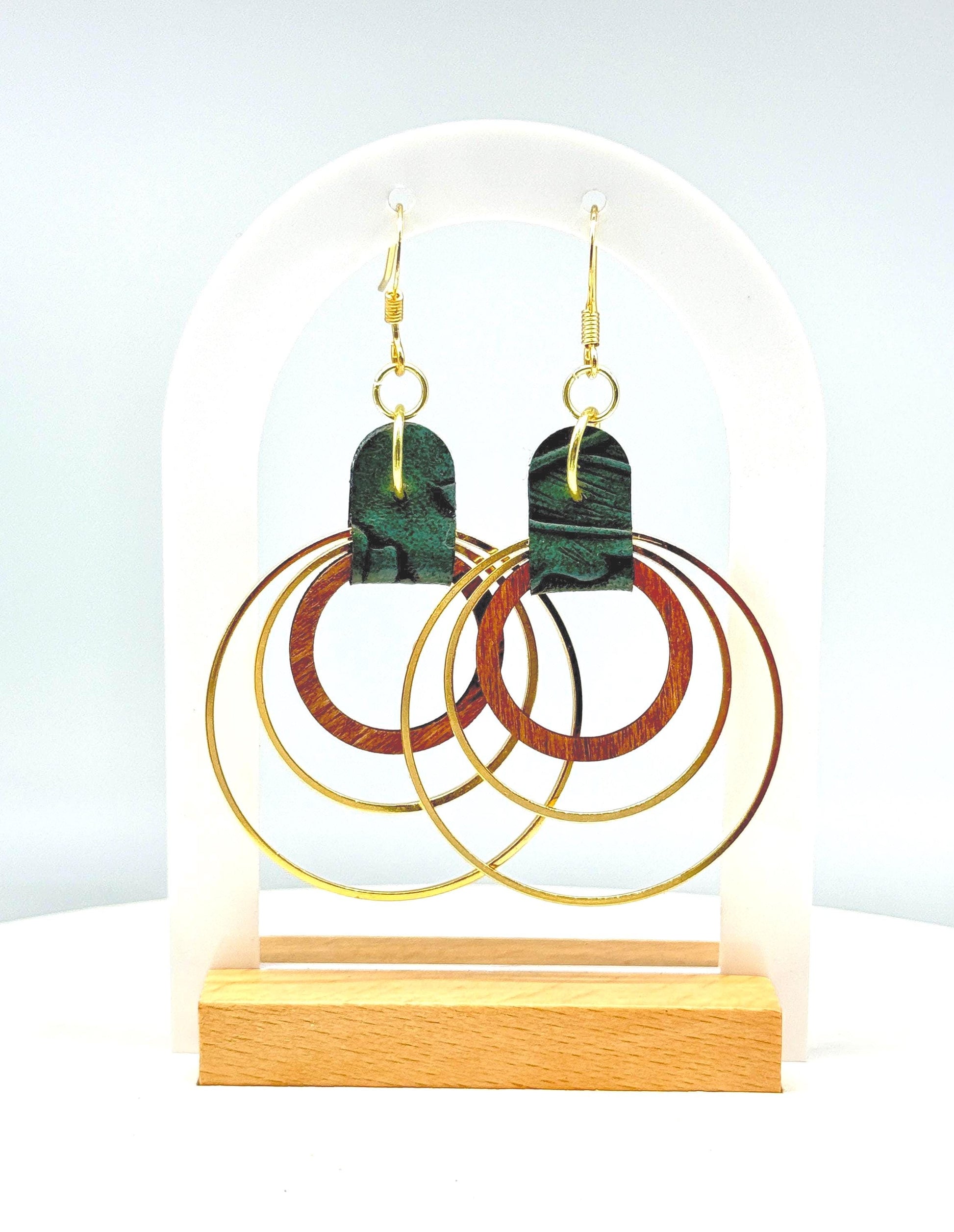 Green Leather, Wood & Metal Triple Hoop Earrings | Handmade Boho Jewelry