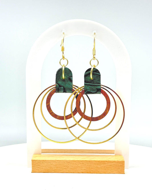 Green Leather, Wood & Metal Triple Hoop Earrings | Handmade Boho Jewelry
