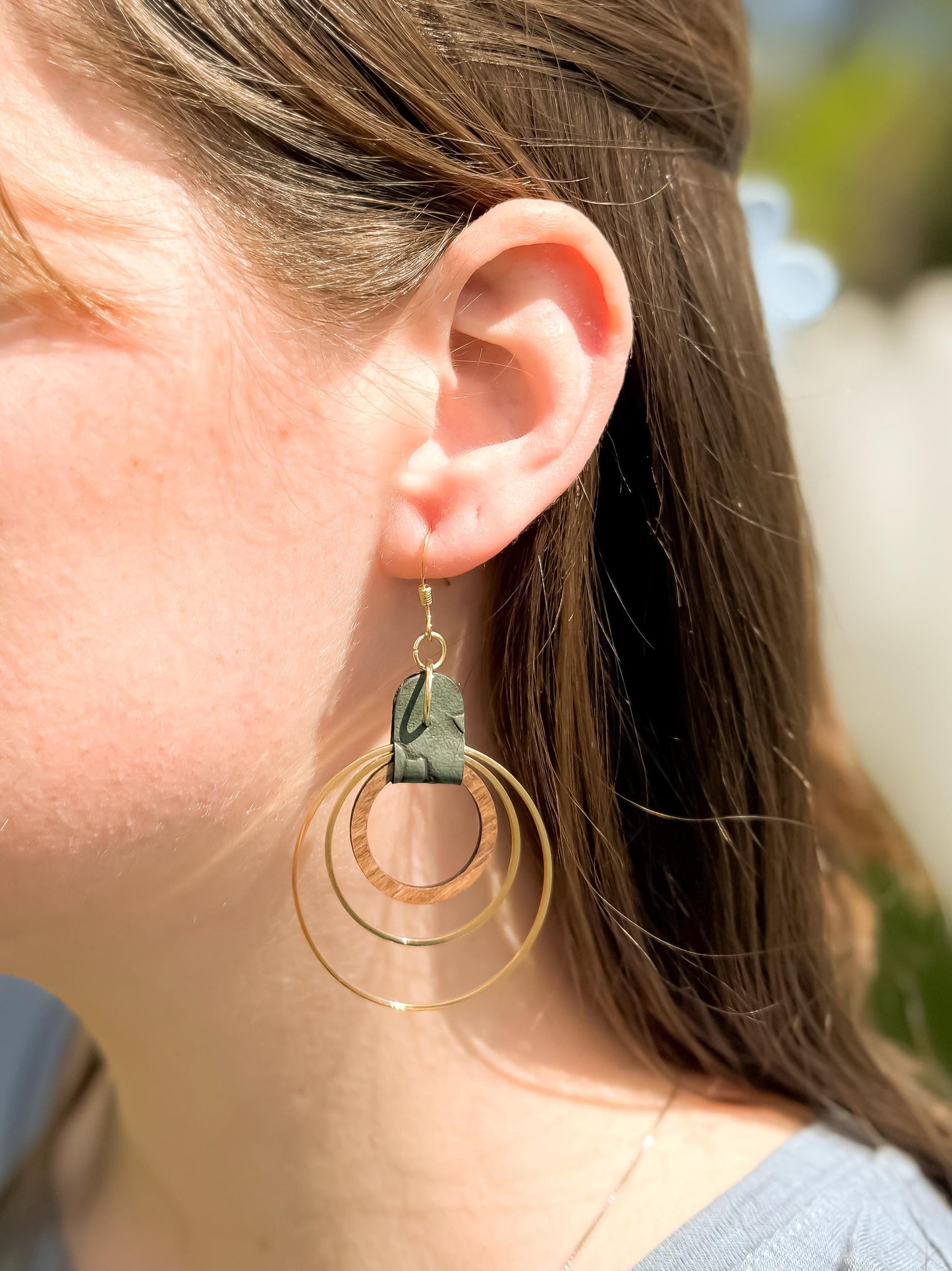 Green Leather, Wood & Metal Triple Hoop Earrings | Handmade Boho Jewelry