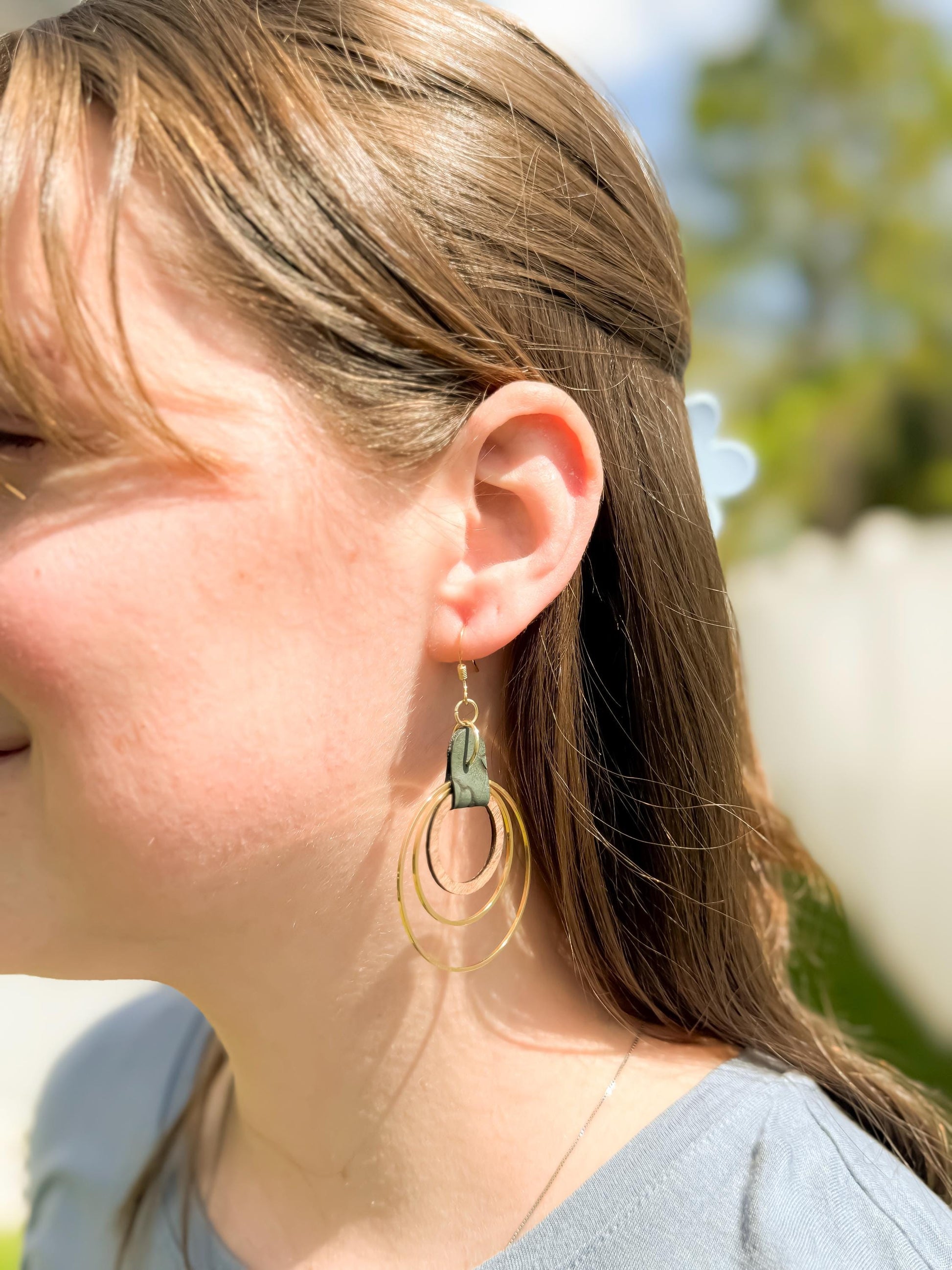 Green Leather, Wood & Metal Triple Hoop Earrings | Handmade Boho Jewelry