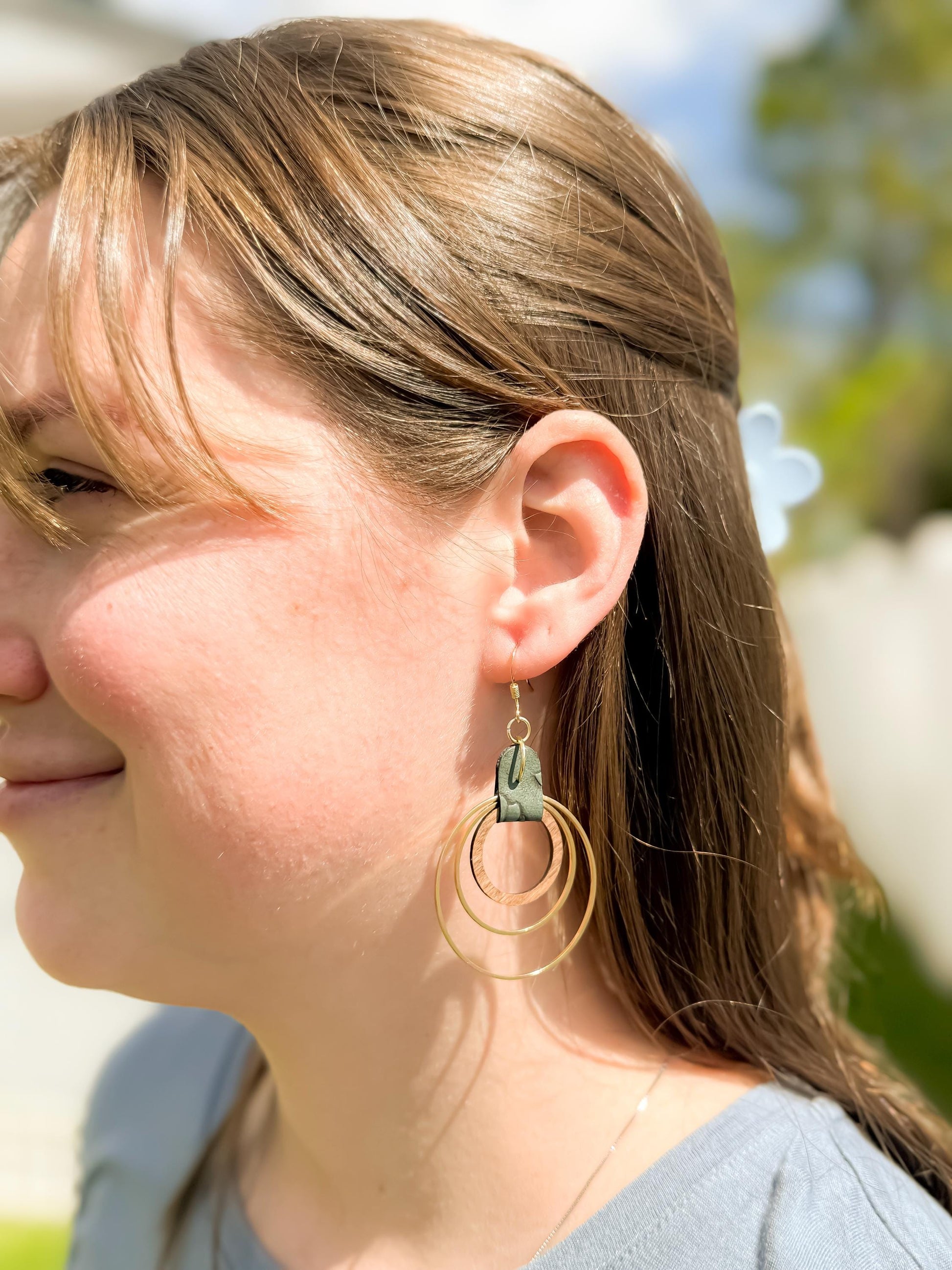 Green Leather, Wood & Metal Triple Hoop Earrings | Handmade Boho Jewelry