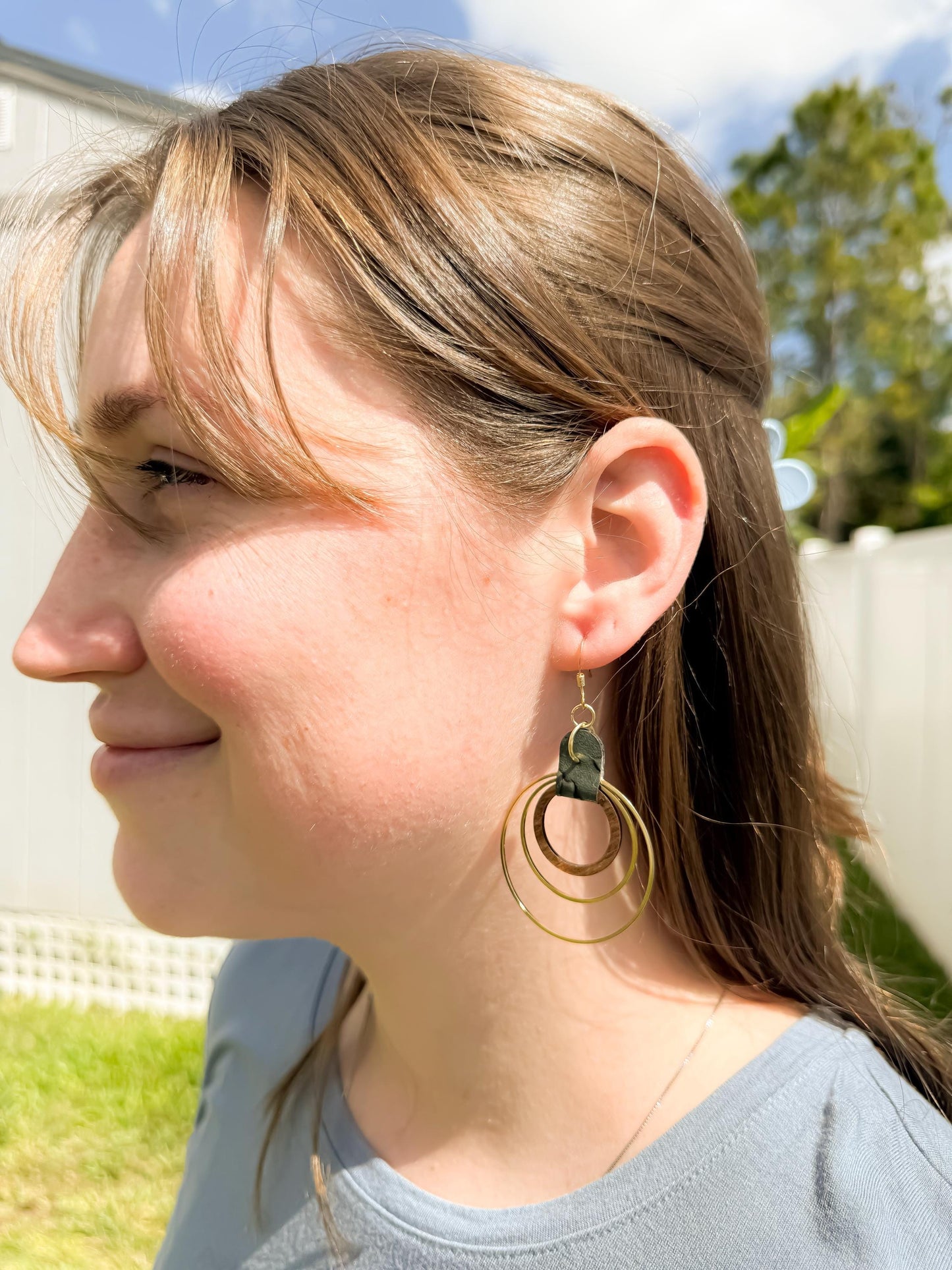 Green Leather, Wood & Metal Triple Hoop Earrings | Handmade Boho Jewelry