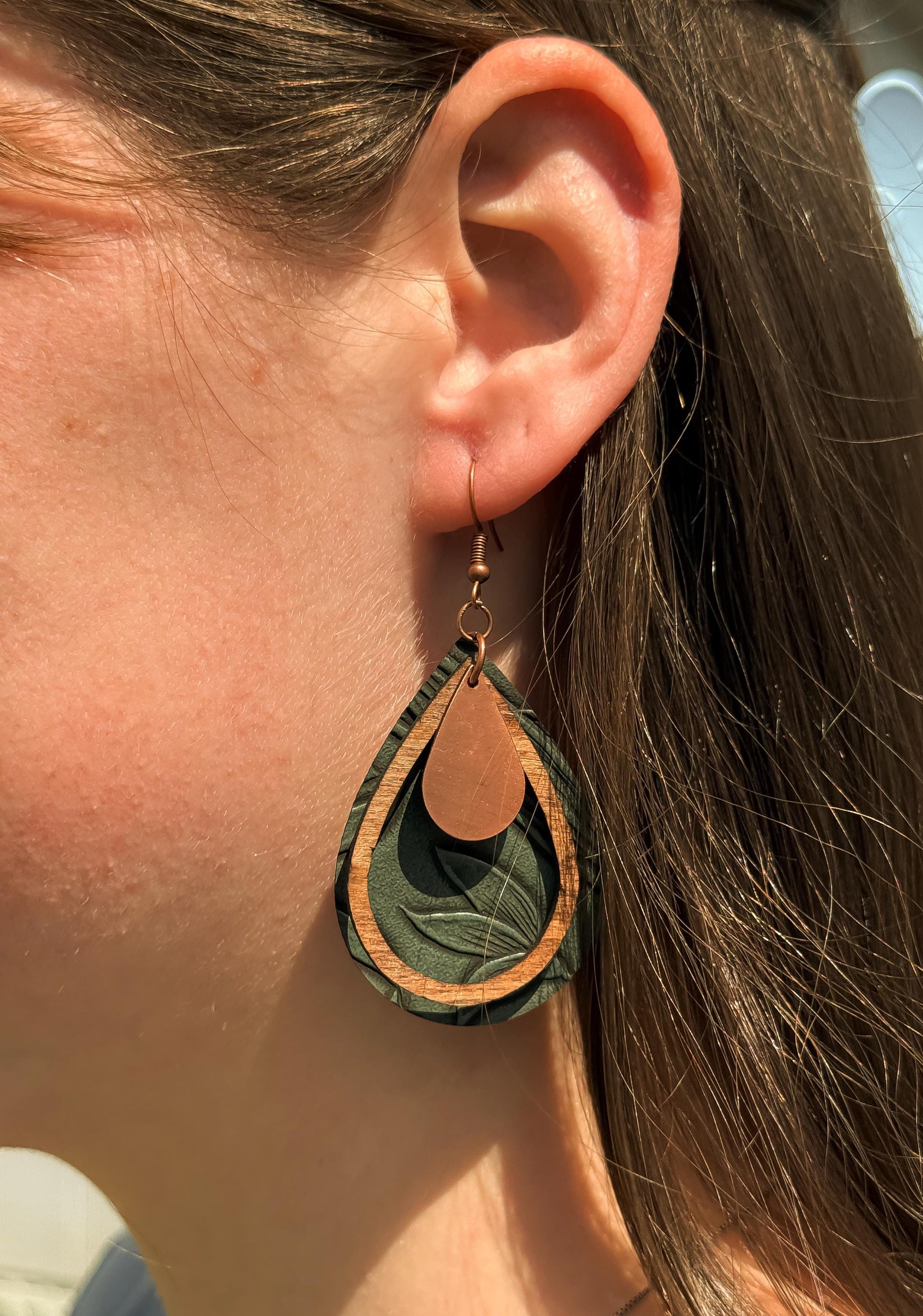 Green Leather Teardrop Earrings with Wood & Metal Accents | Handmade Boho Jewelry