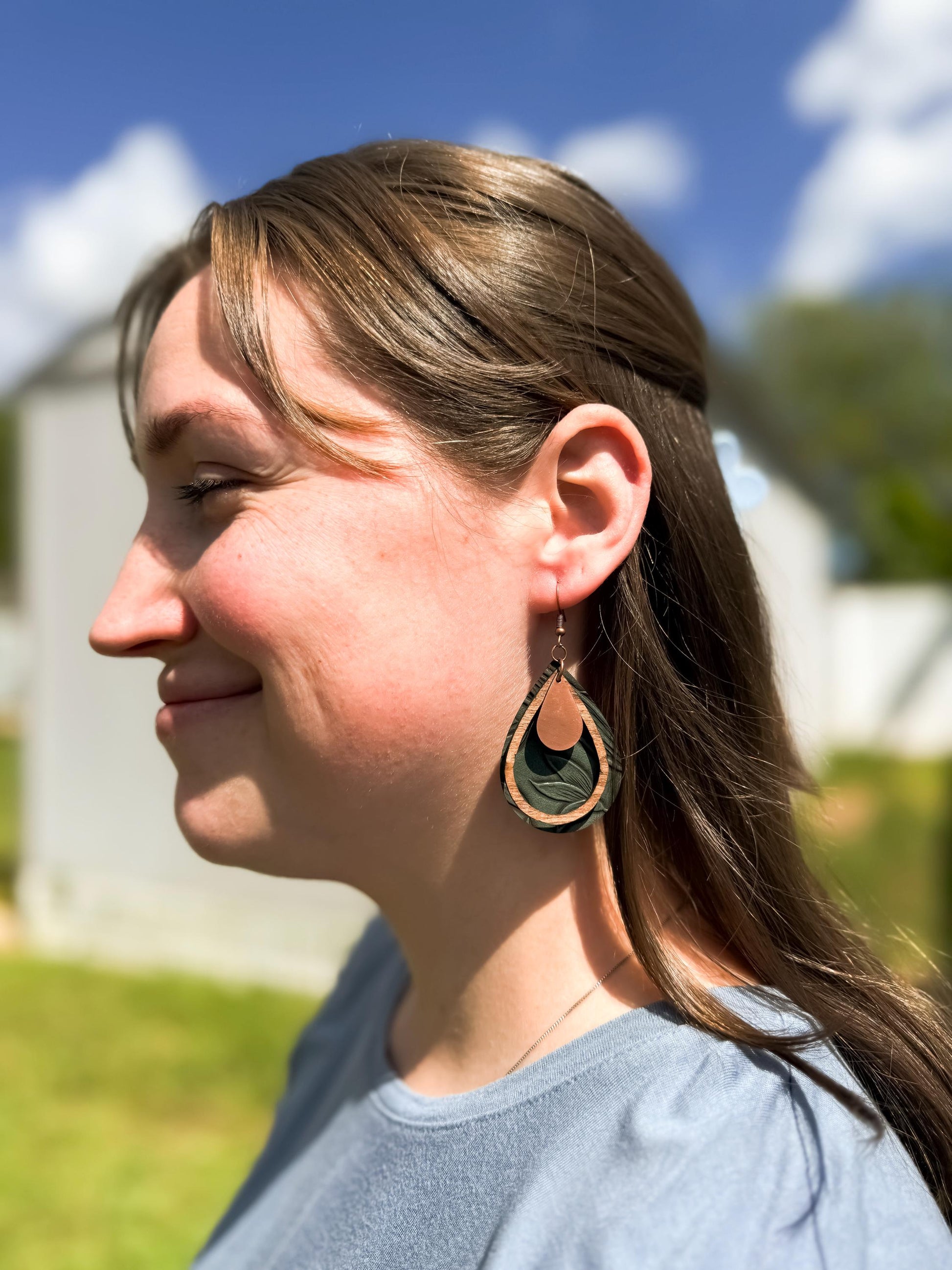Green Leather Teardrop Earrings with Wood & Metal Accents | Handmade Boho Jewelry