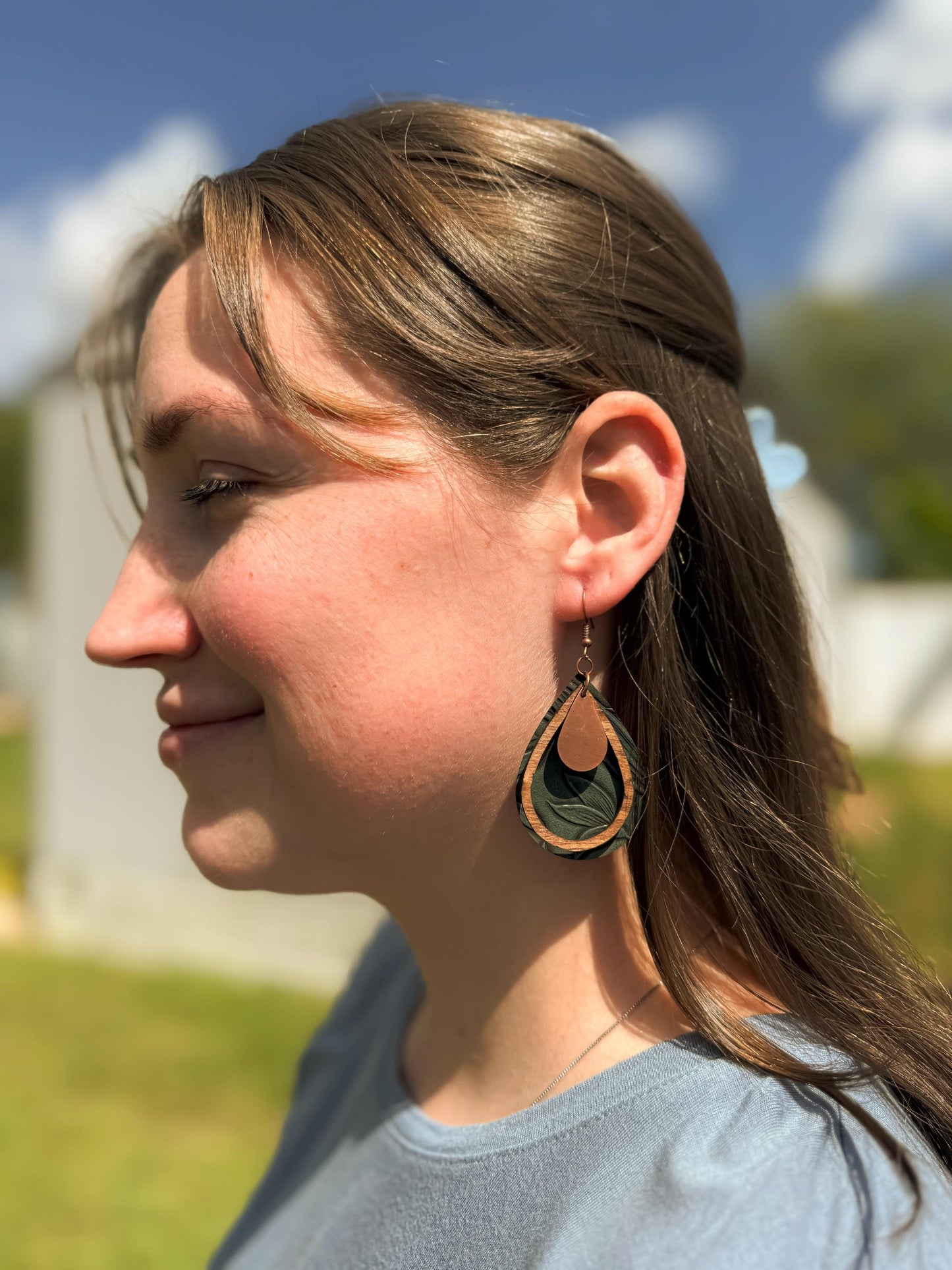 Green Leather Teardrop Earrings with Wood & Metal Accents | Handmade Boho Jewelry