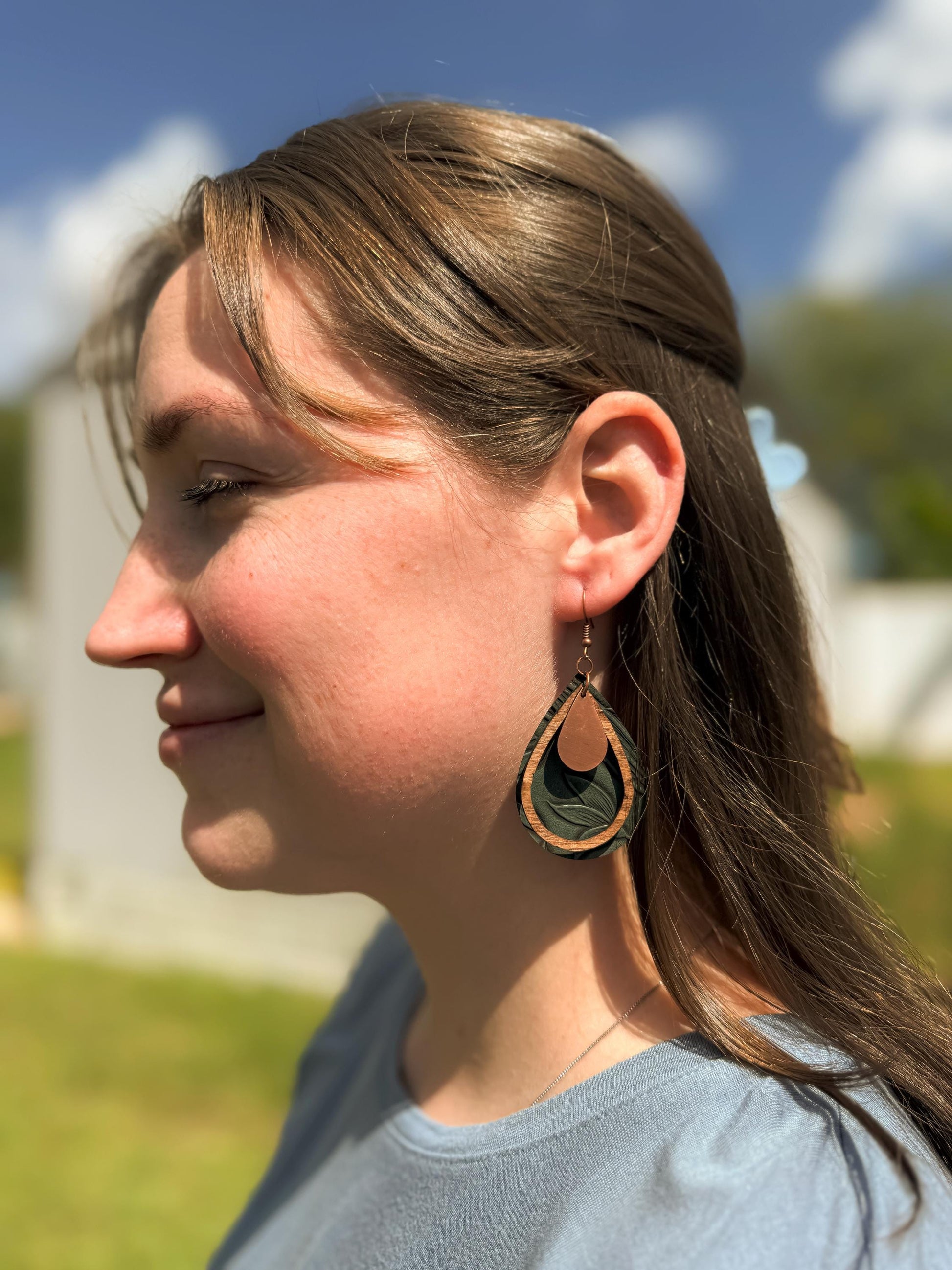 Green Leather Teardrop Earrings with Wood & Metal Accents | Handmade Boho Jewelry
