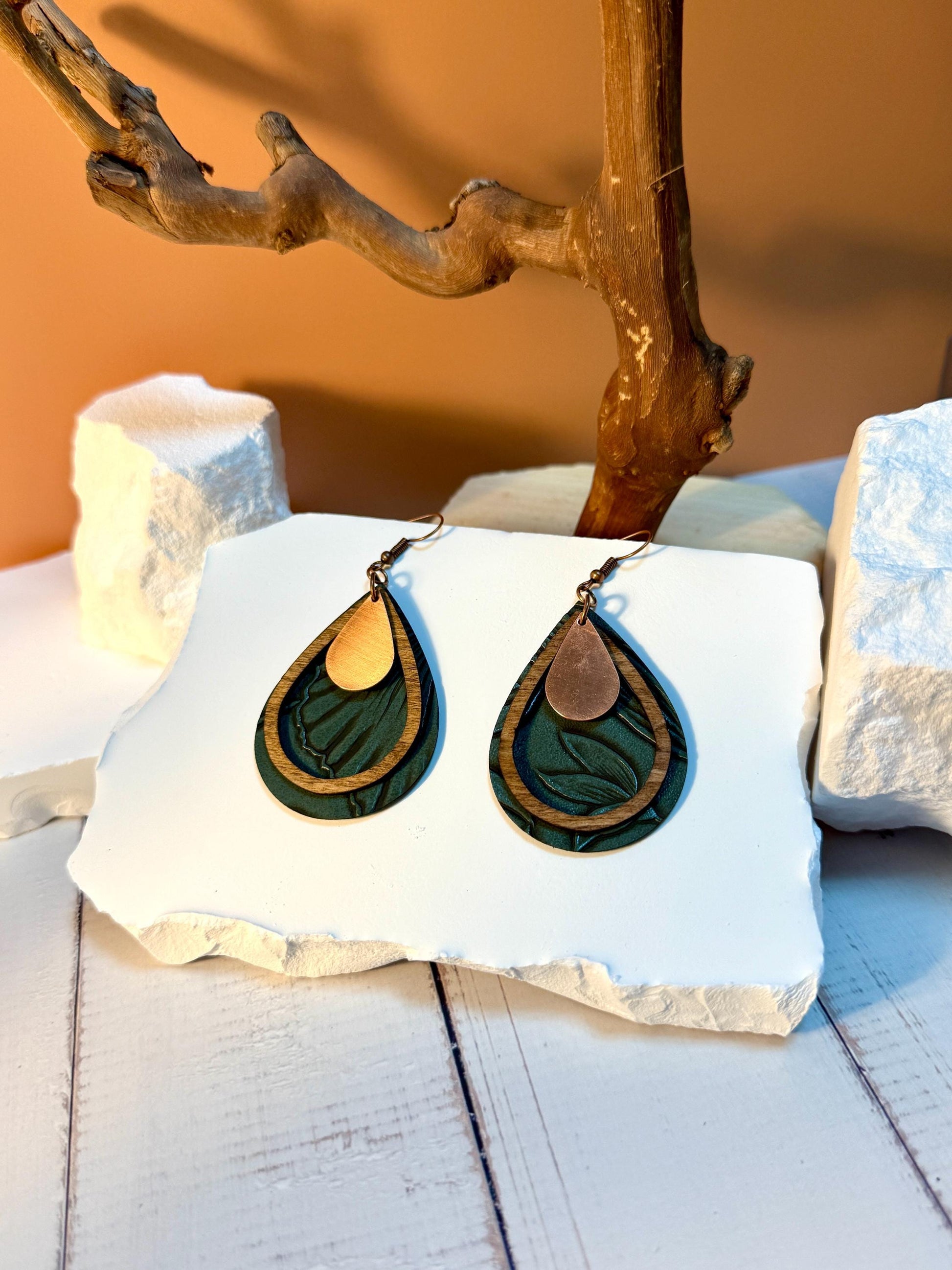 Green Leather Teardrop Earrings with Wood & Metal Accents | Handmade Boho Jewelry