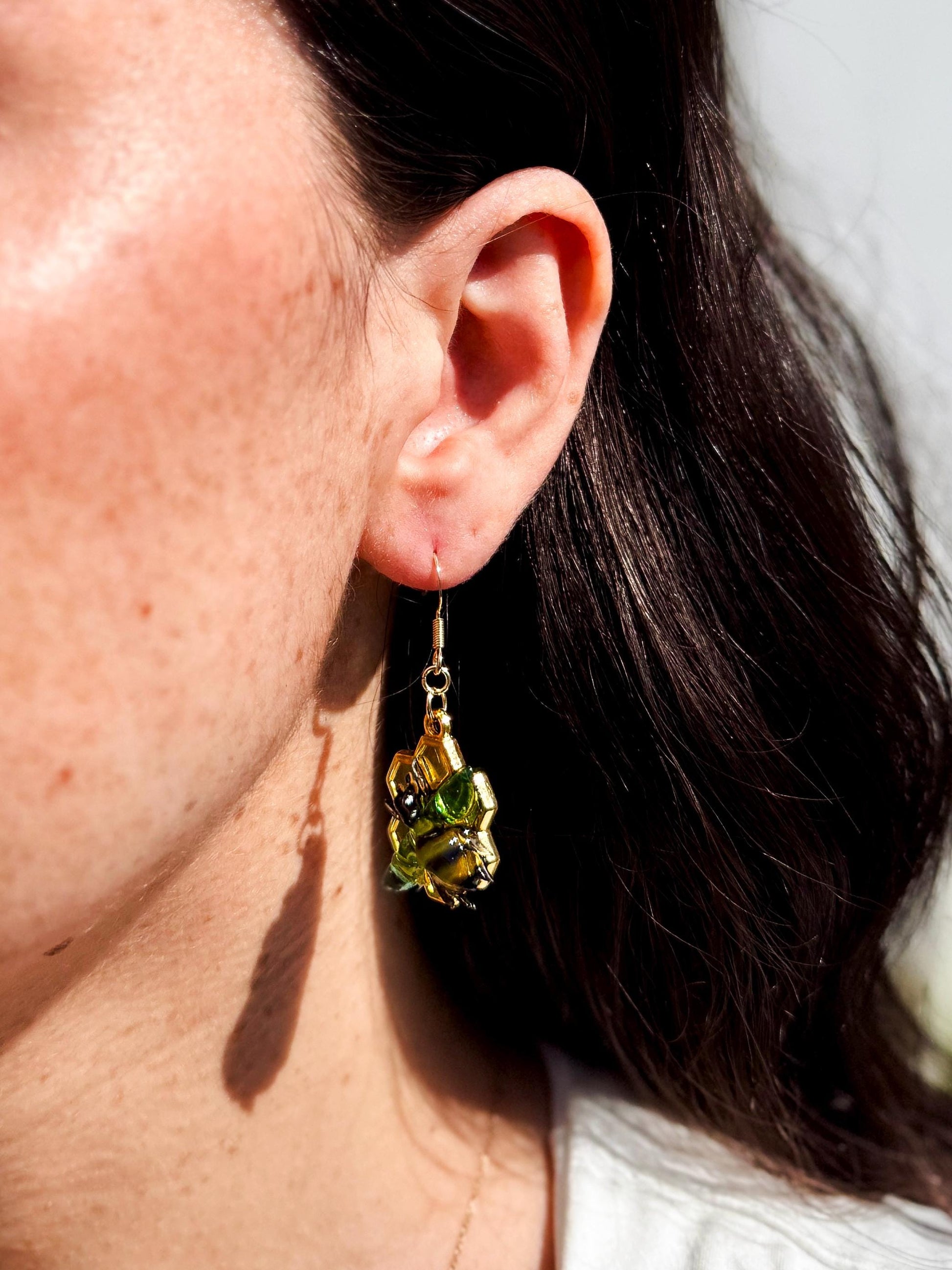 Handmade Honey Bumble Bee Honeycomb Resin Earrings – 14K Gold Plated, Crafted in the USA