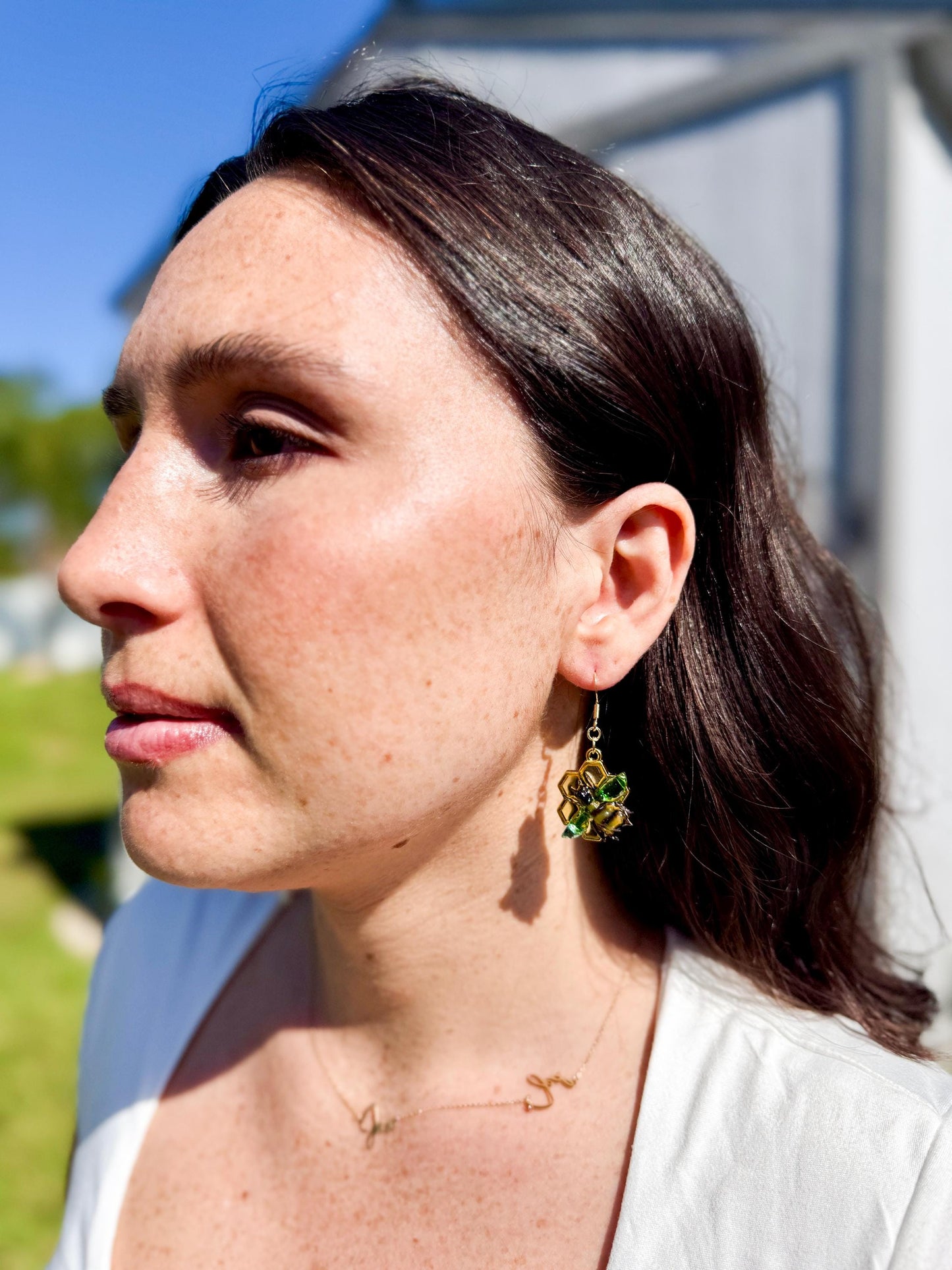 Handmade Honey Bumble Bee Honeycomb Resin Earrings – 14K Gold Plated, Crafted in the USA