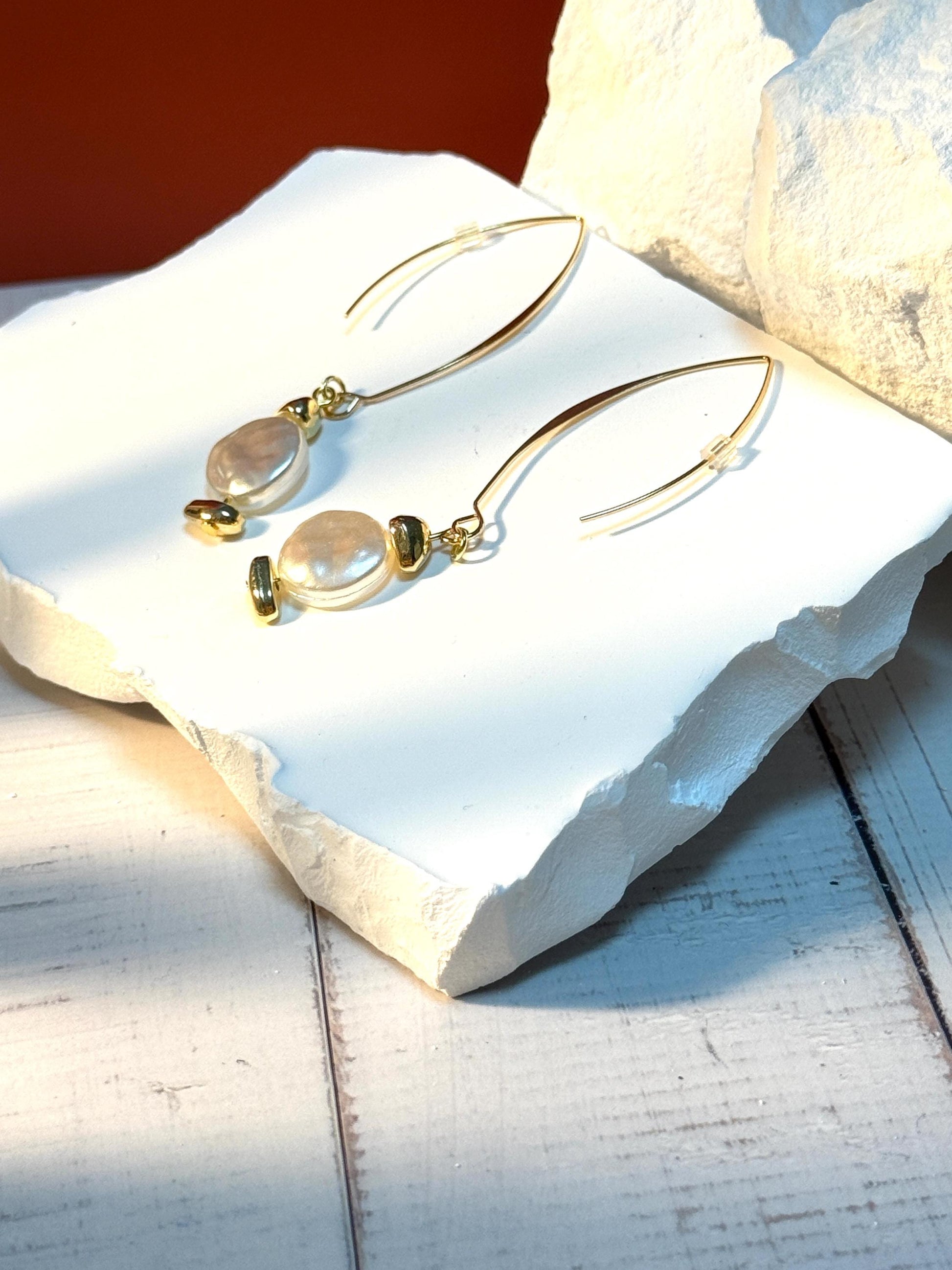 Handcrafted Gold-Tone Pearl Drop Earrings: Elegant Dangle Jewelry