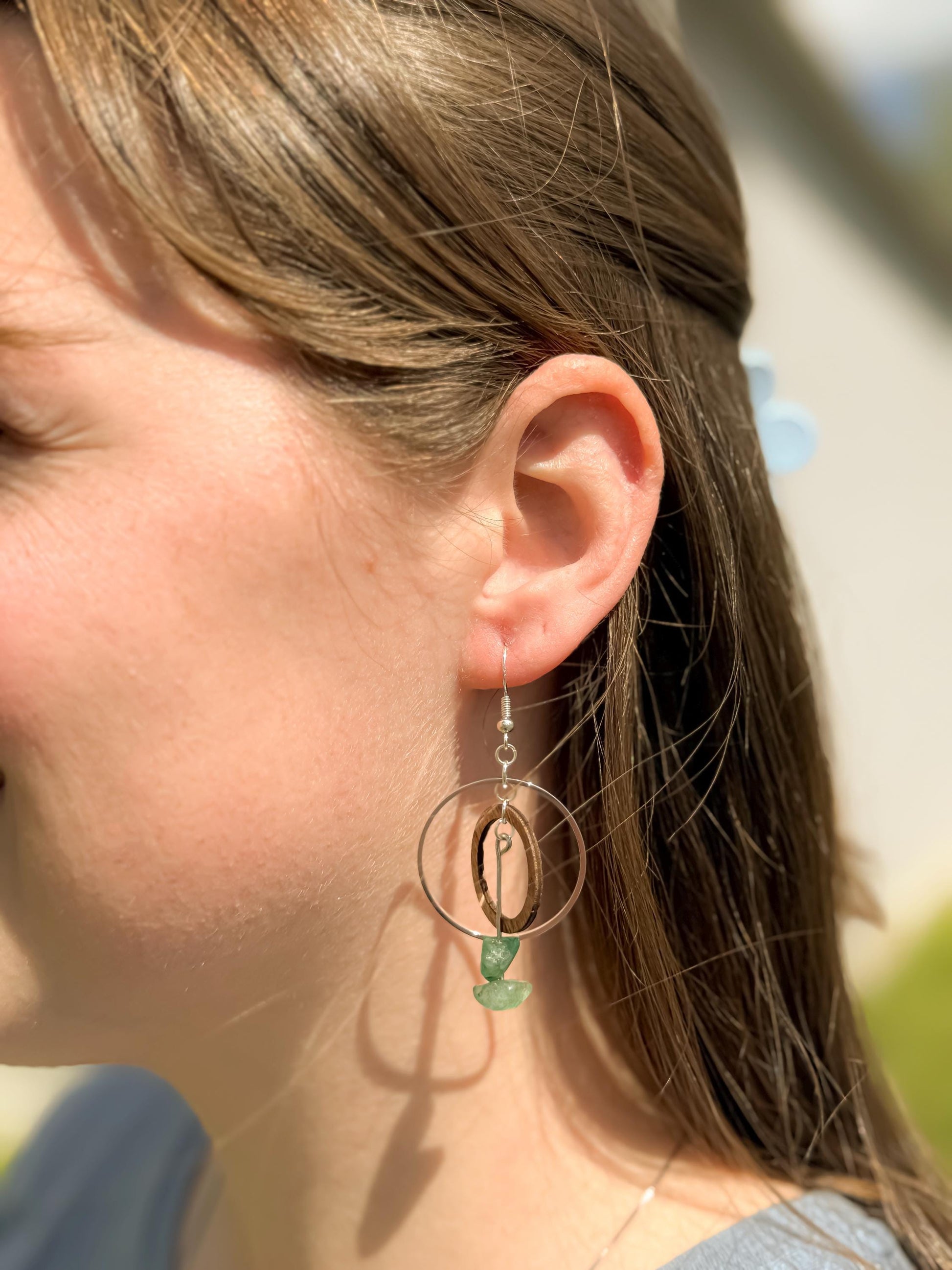 Handcrafted Wood & Green Stone Silver Hoop Earrings | Nature-Inspired Boho Jewelry