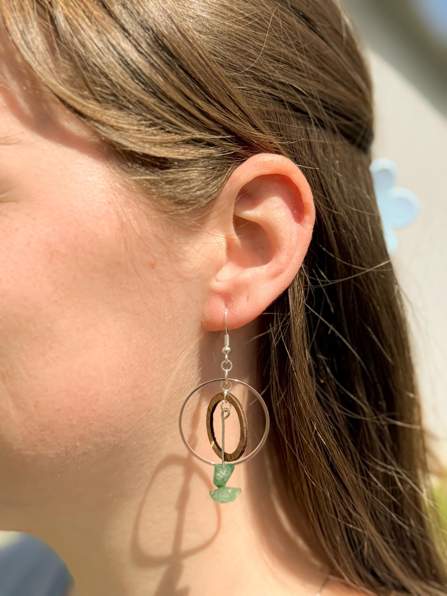 Handcrafted Wood & Green Stone Silver Hoop Earrings | Nature-Inspired Boho Jewelry