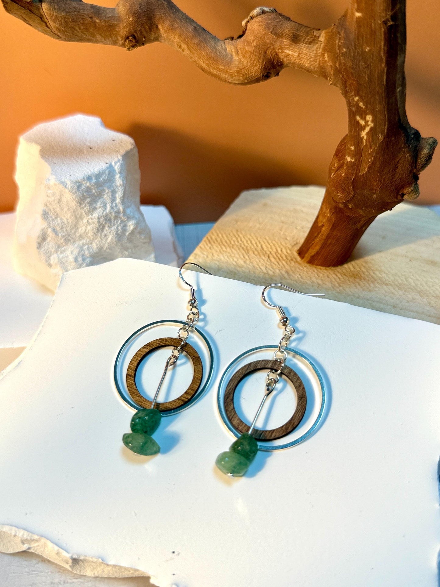 Handcrafted Wood & Green Stone Silver Hoop Earrings | Nature-Inspired Boho Jewelry