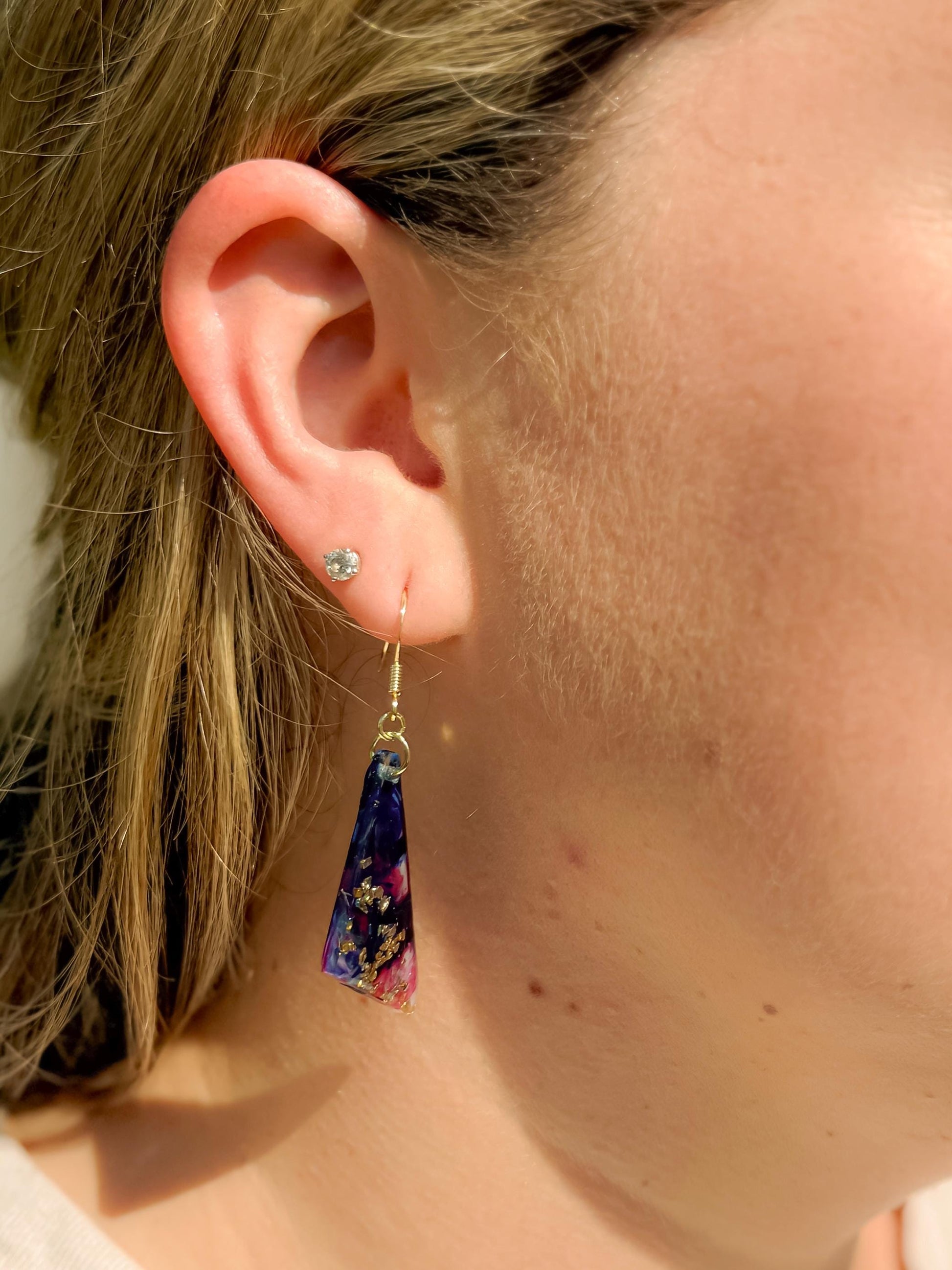 Handmade Resin Dangle Earrings: Dark Blue, Fuchsia Accent, Gold French Hook