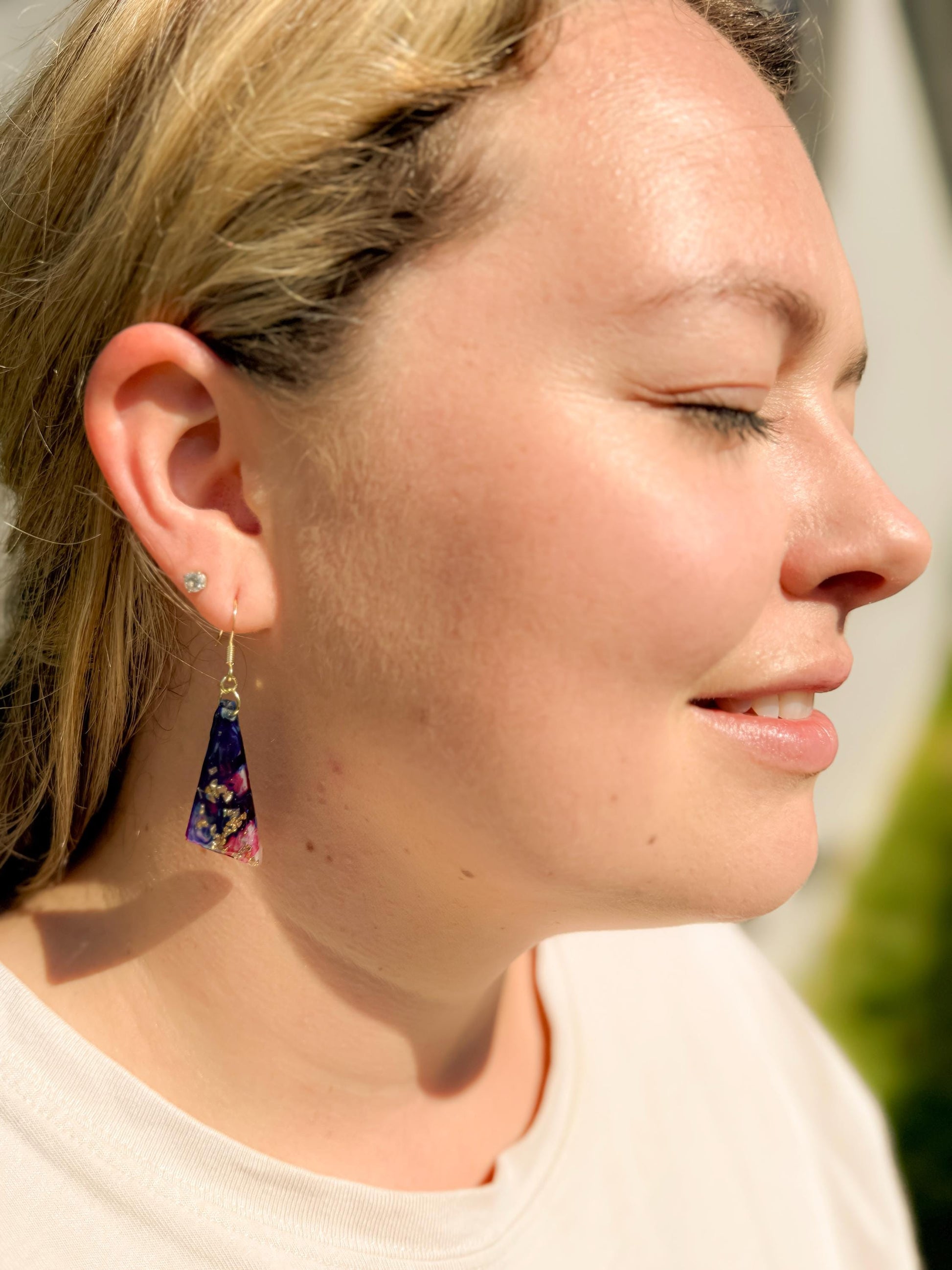 Handmade Resin Dangle Earrings: Dark Blue, Fuchsia Accent, Gold French Hook