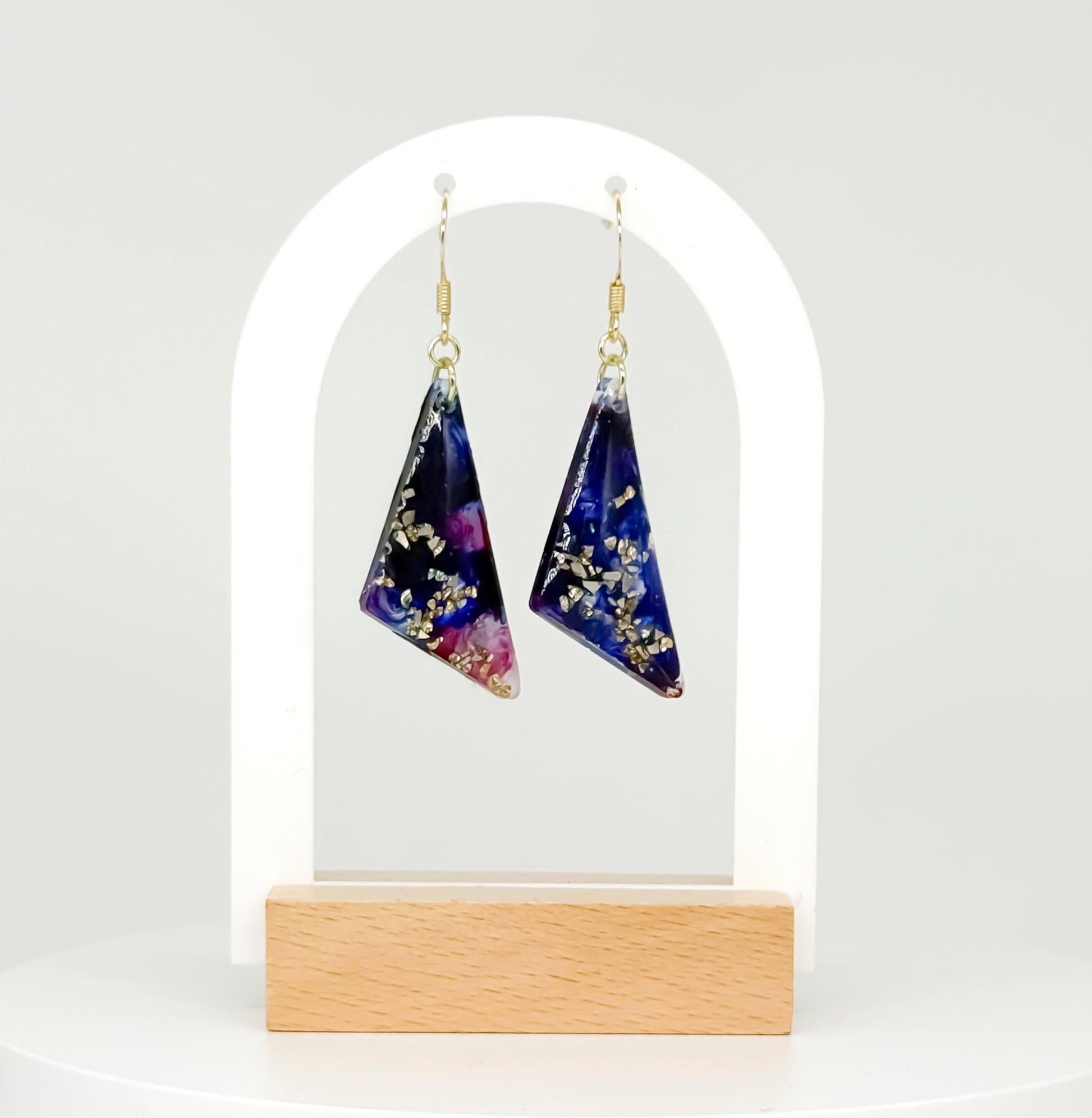 Handmade Resin Dangle Earrings: Dark Blue, Fuchsia Accent, Gold French Hook
