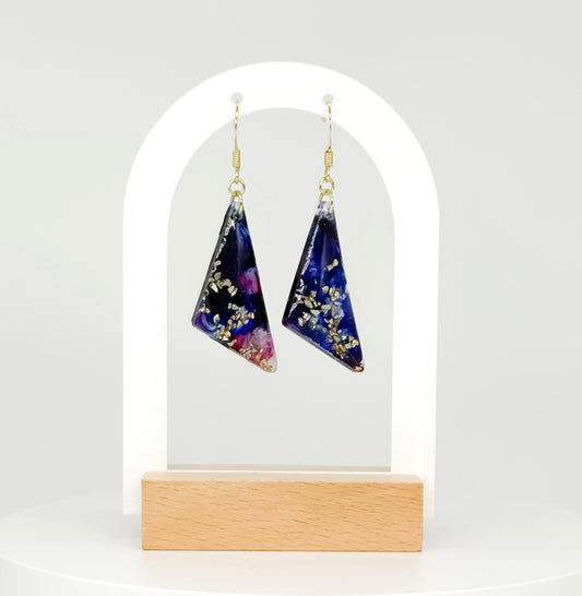 Handmade Resin Dangle Earrings: Dark Blue, Fuchsia Accent, Gold French Hook