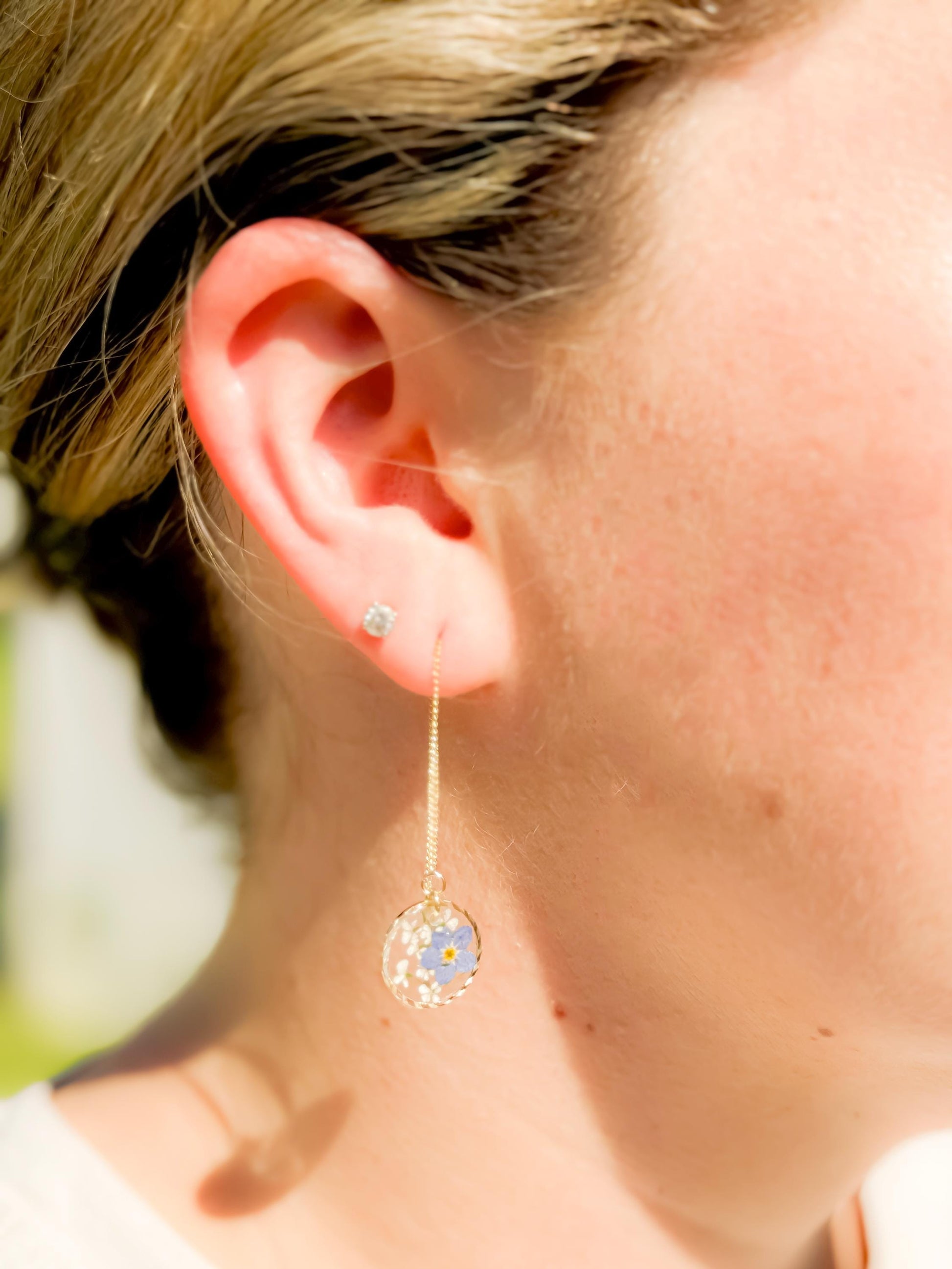 Handmade Resin Threader Earrings: Real Forget-Me-Nots & Queen Anne's Lace