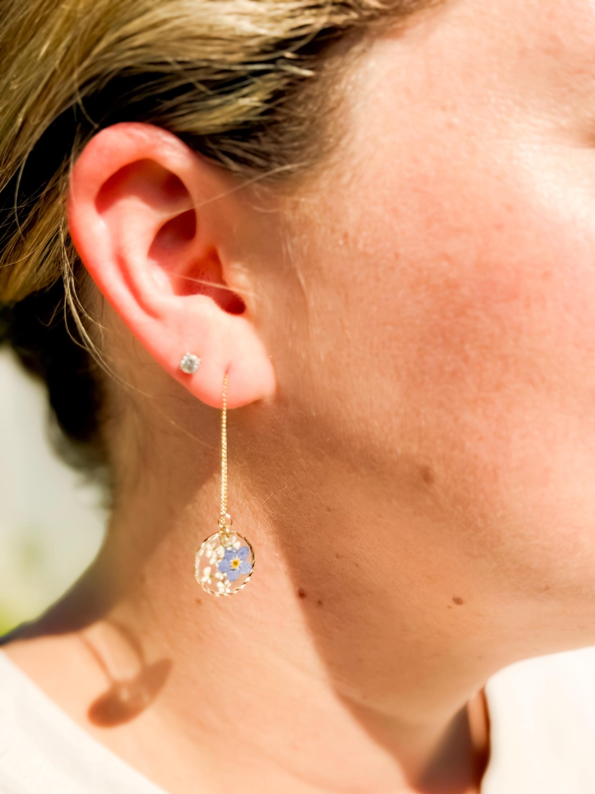 Handmade Resin Threader Earrings: Real Forget-Me-Nots & Queen Anne's Lace