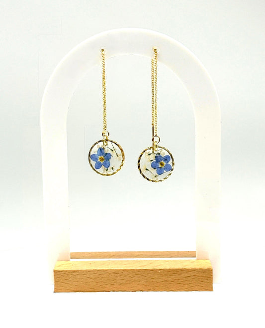 Handmade Resin Threader Earrings: Real Forget-Me-Nots & Queen Anne's Lace