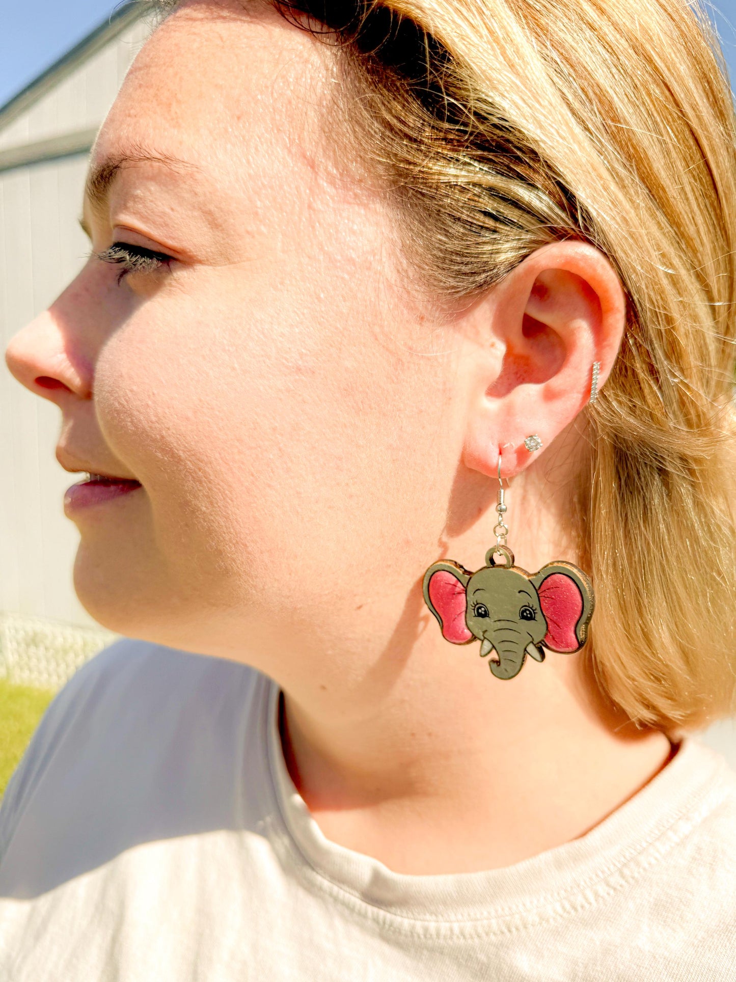 Handmade Elephant Woodcut Earrings – Engraved Detail with Glitter & Resin Pink Ears