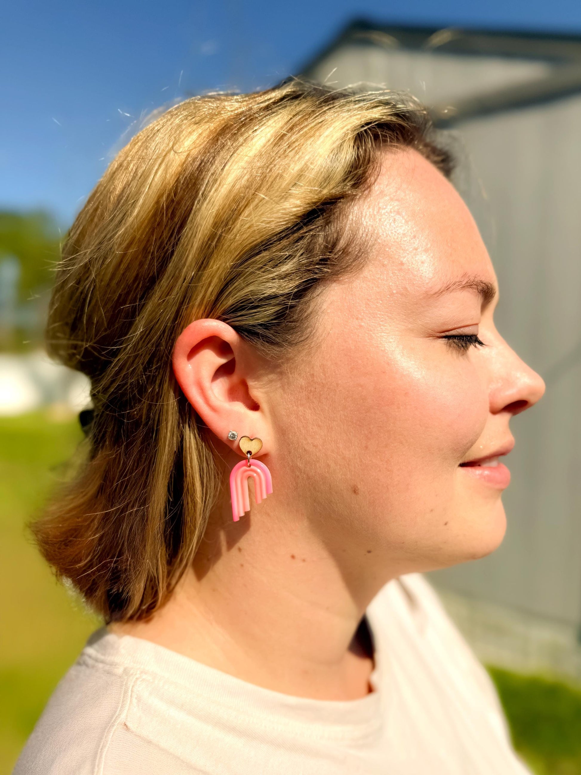 Handmade Boho Rainbow Earrings - Wood Heart Posts with Muted Pink and Orange Resin Rainbows