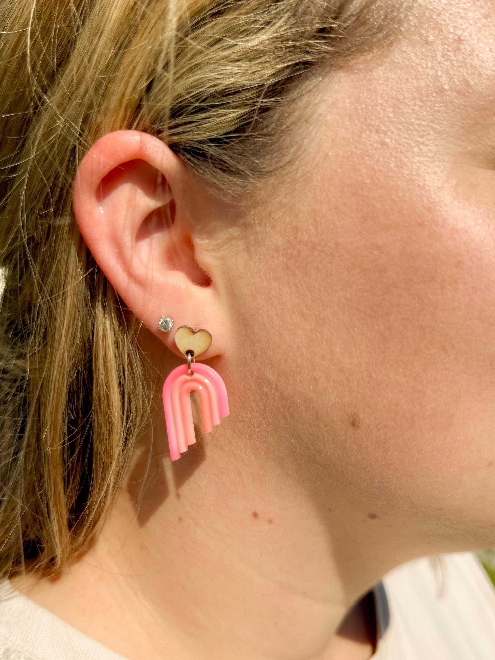 Handmade Boho Rainbow Earrings - Wood Heart Posts with Muted Pink and Orange Resin Rainbows