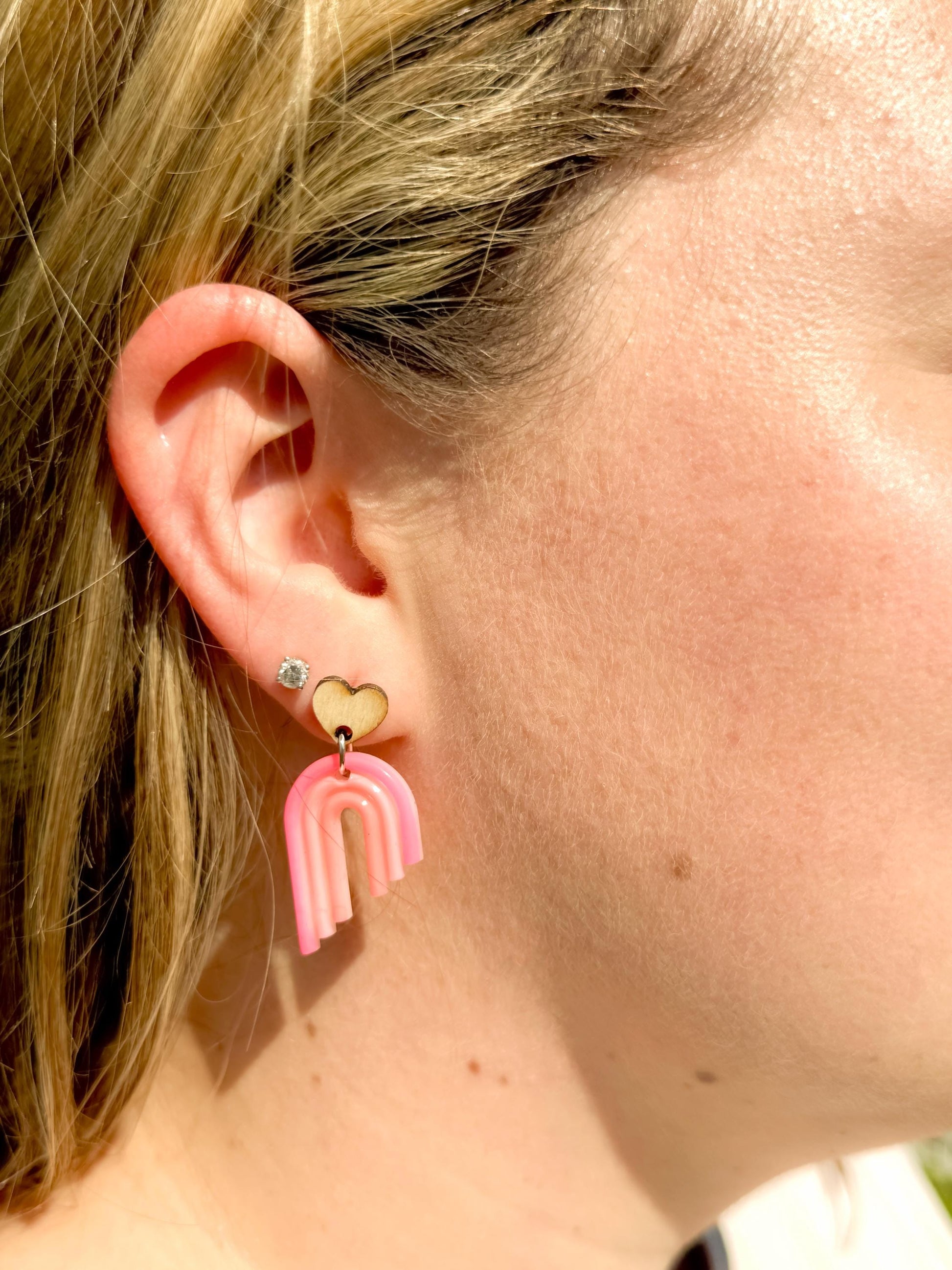 Handmade Boho Rainbow Earrings - Wood Heart Posts with Muted Pink and Orange Resin Rainbows