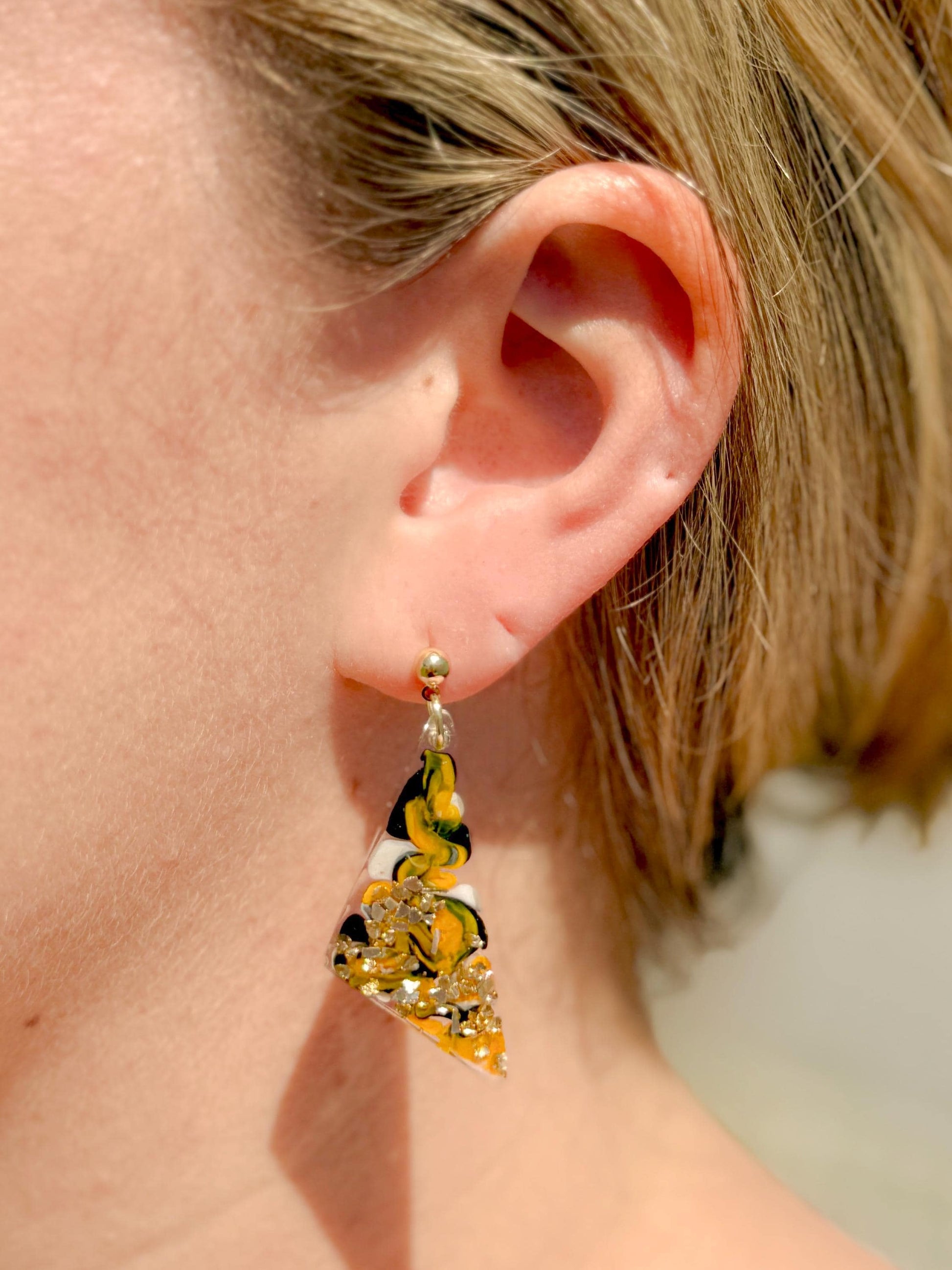 Handmade Resin Dangle Earrings: Black, Yellow, Gold Abstract Jewelry