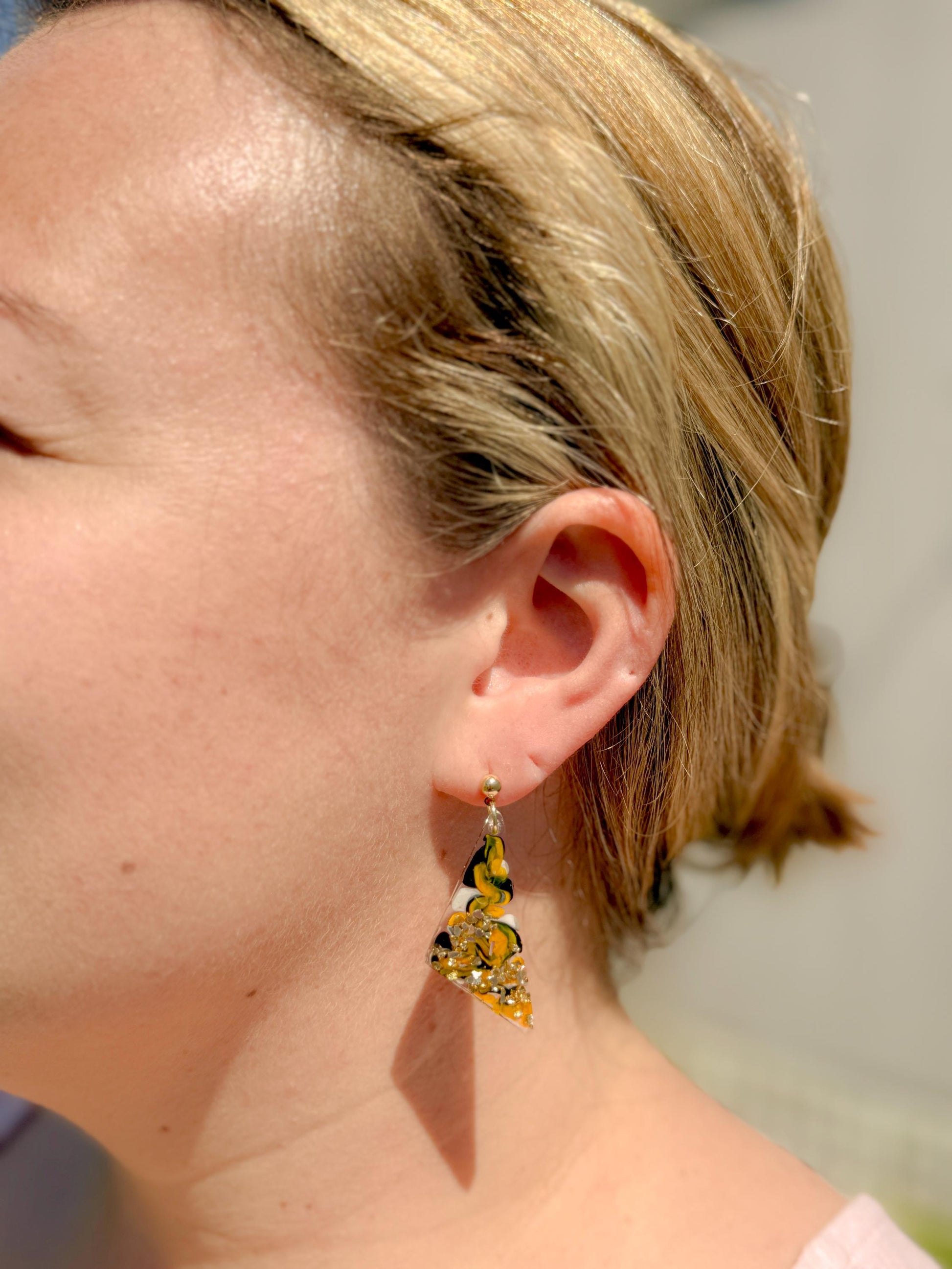Handmade Resin Dangle Earrings: Black, Yellow, Gold Abstract Jewelry