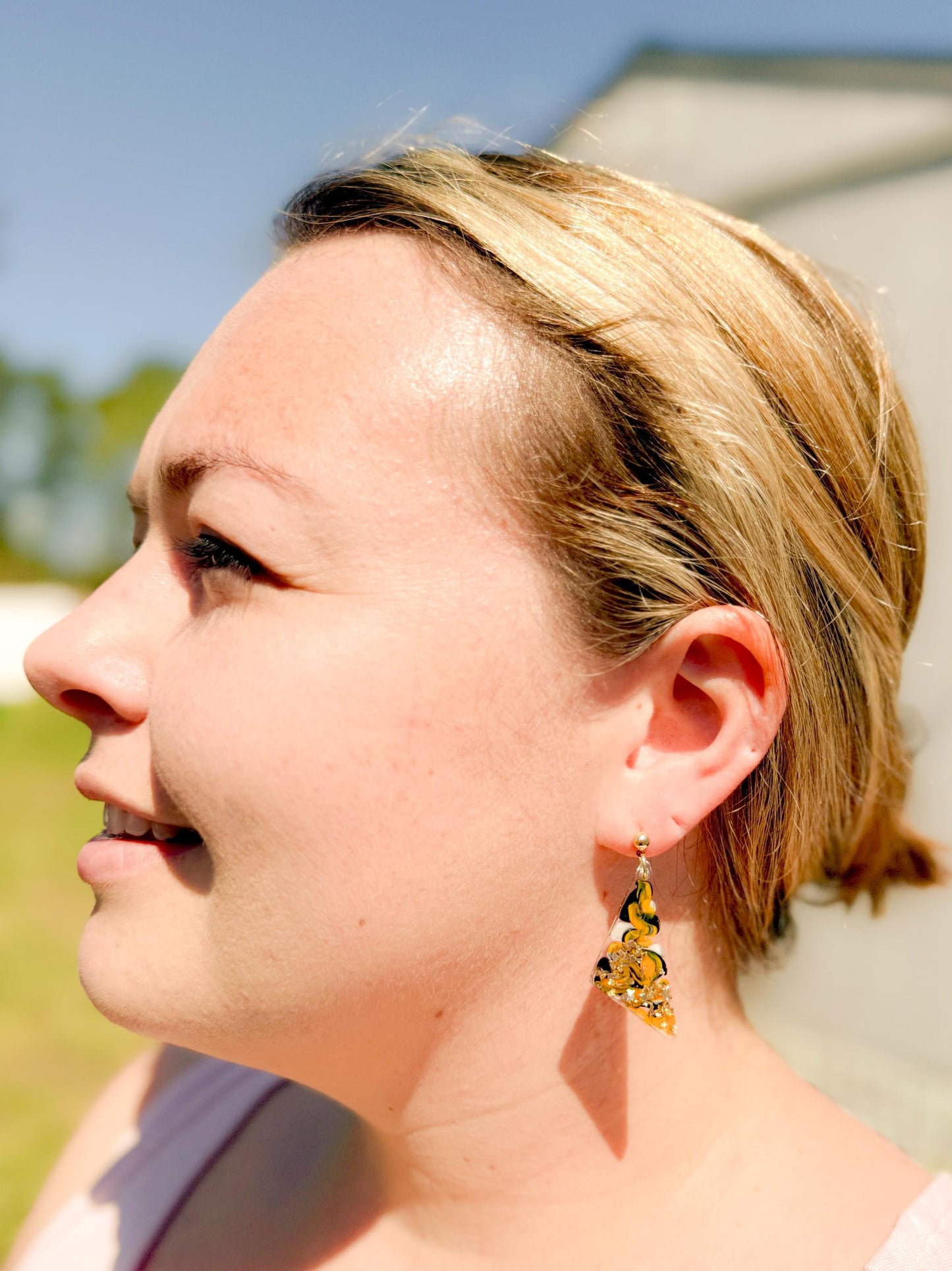 Handmade Resin Dangle Earrings: Black, Yellow, Gold Abstract Jewelry