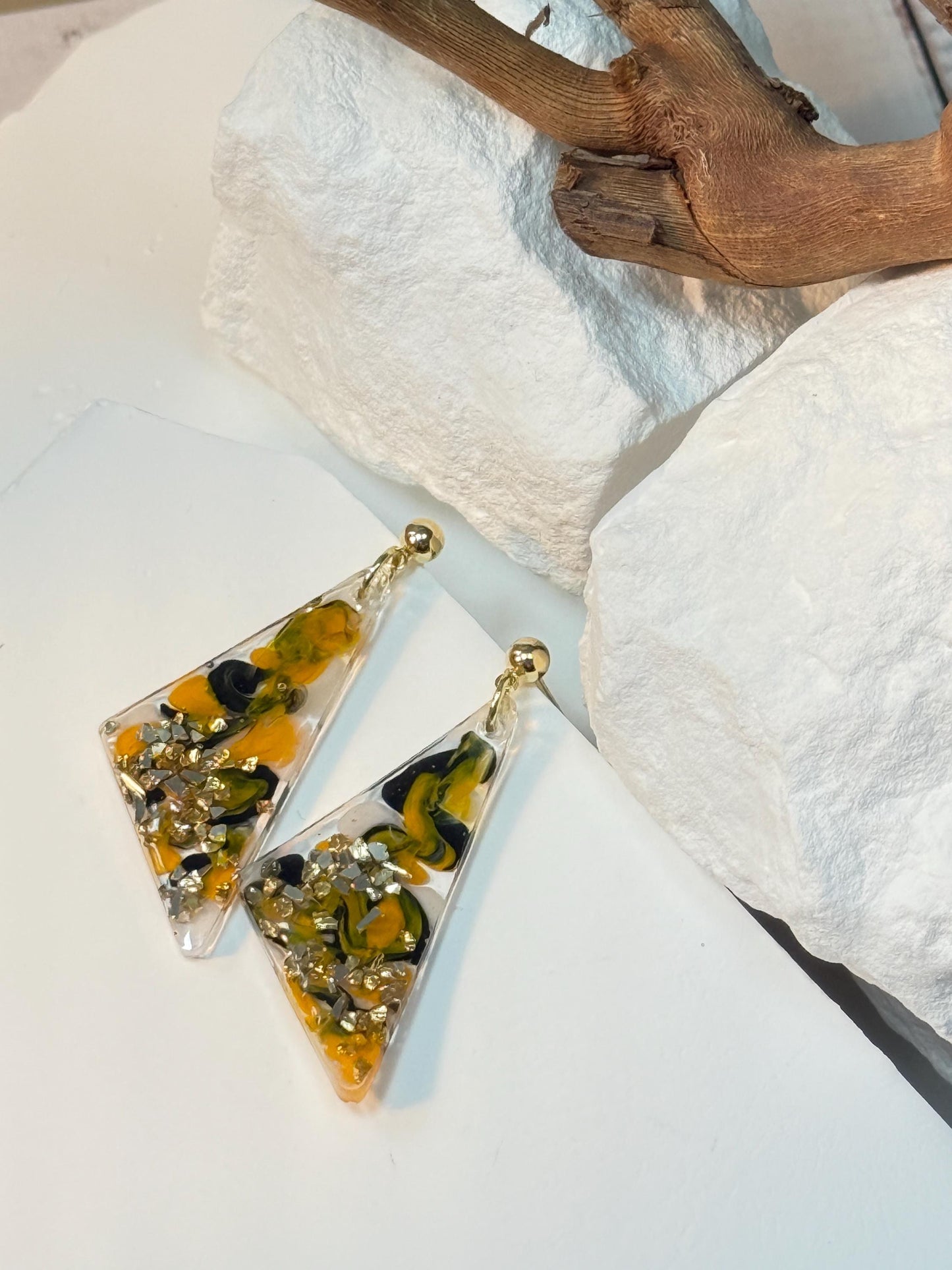 Handmade Resin Dangle Earrings: Black, Yellow, Gold Abstract Jewelry