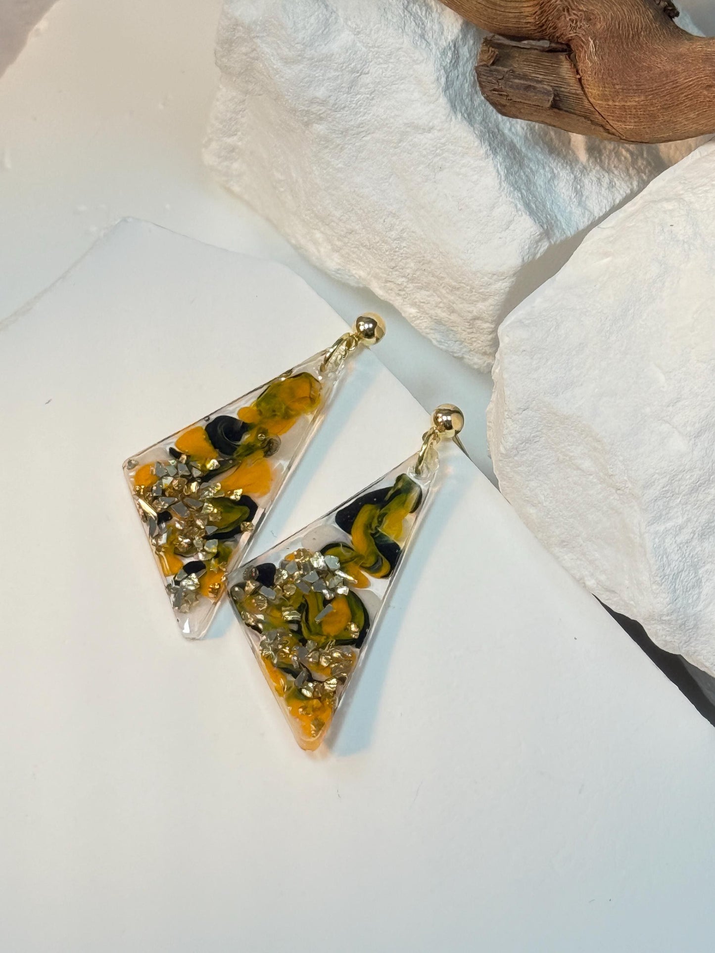 Handmade Resin Dangle Earrings: Black, Yellow, Gold Abstract Jewelry