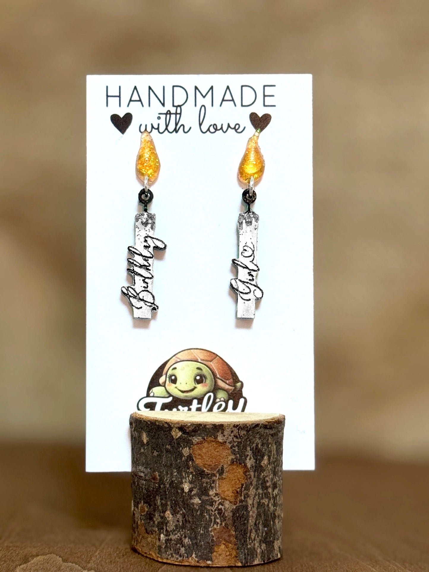 Personalized Birthday Candle Earrings - Custom Text & Color, Hypoallergenic or Sterling Silver Hardware