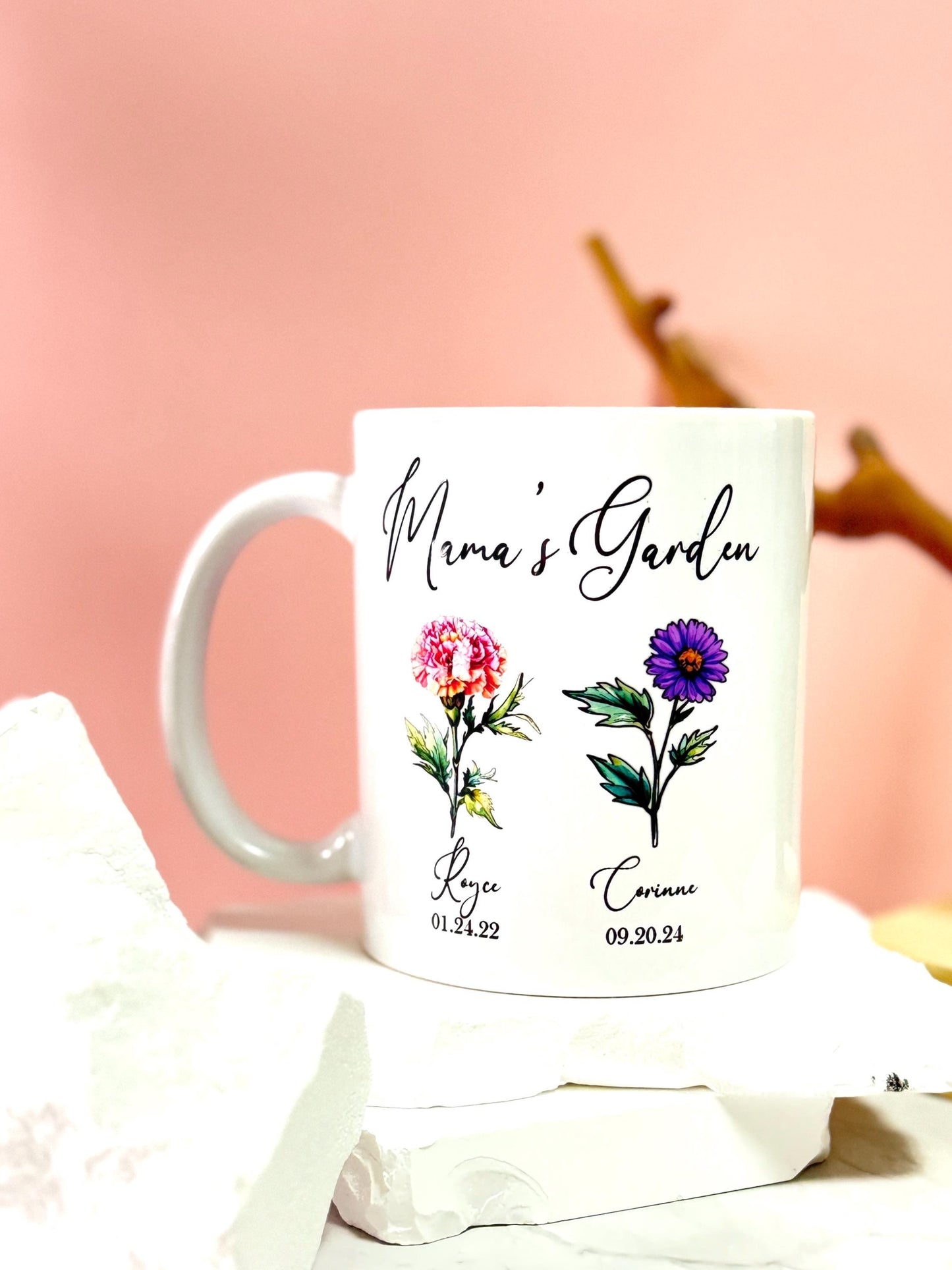 Personalized Mama's Garden Mug: Birth Month Flower Watercolor Design