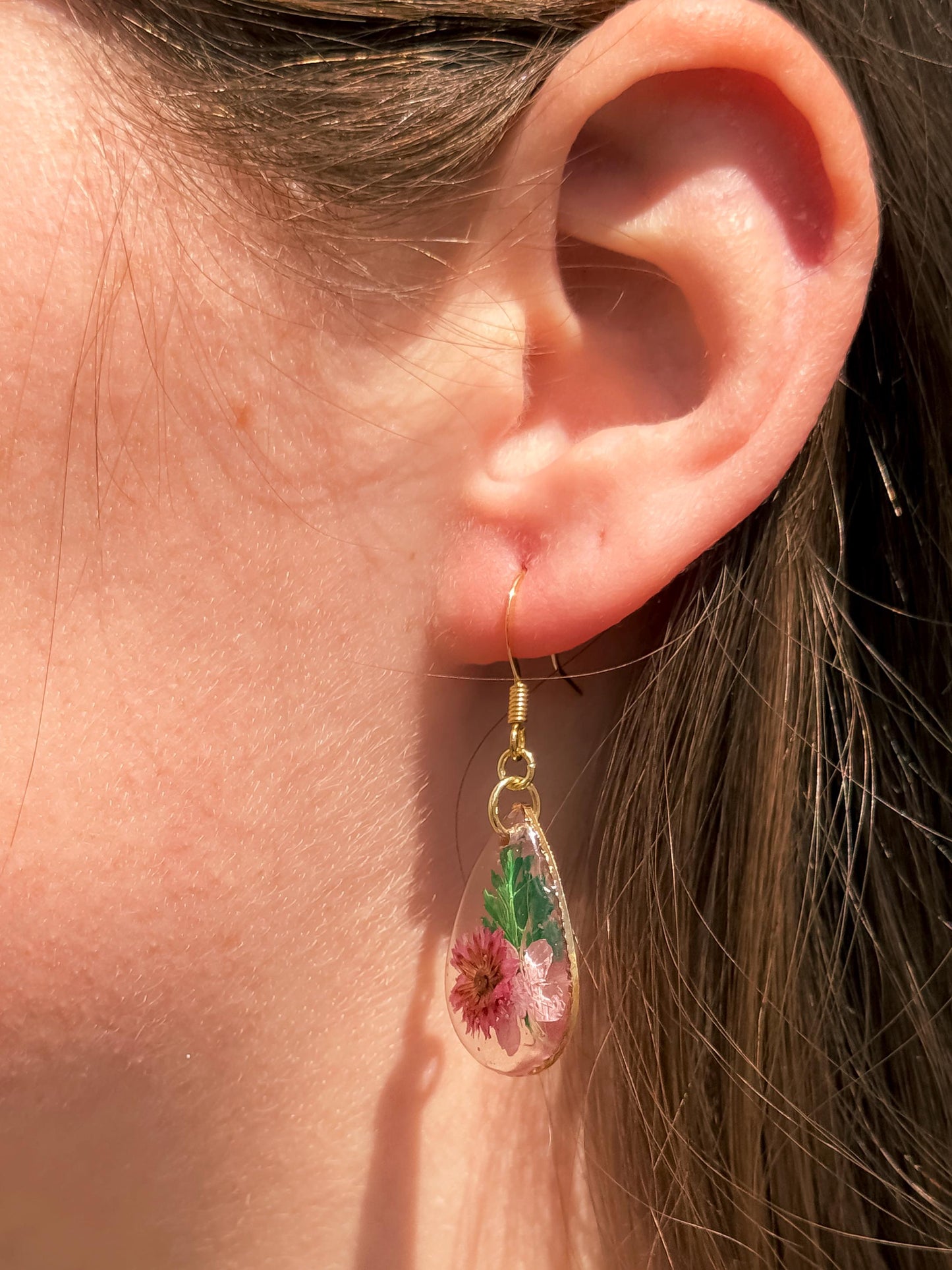 Elegant Resin Earrings with Pink Pressed Flowers & Green Leaves